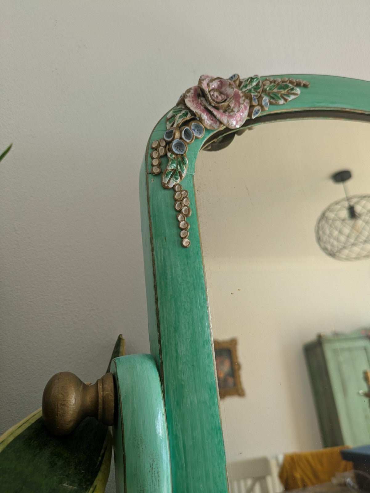 Antique Victorian Edwardian Wood Table Vanity Mirror Drawers Turquoise Floral Vg