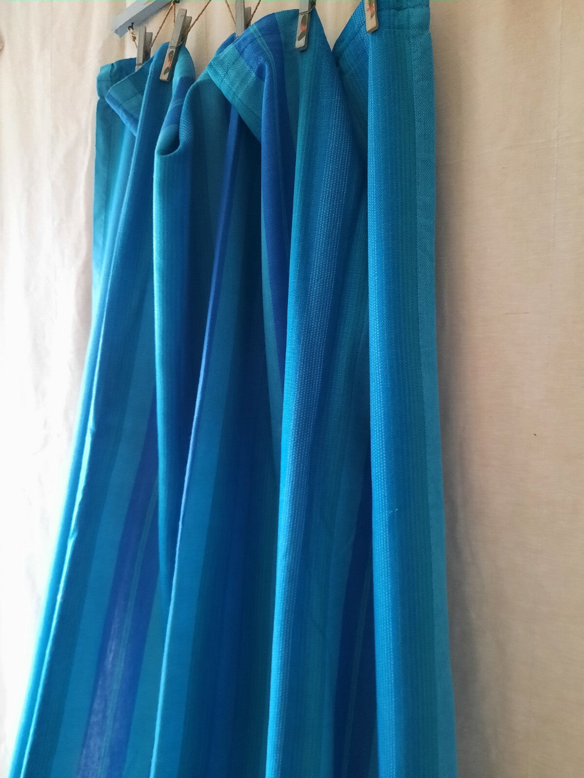 1x VINTAGE RETRO TEAL BLUE GREEN STRIPE MIDCENTURY CURTAIN 220.5cmD 114cmW long
