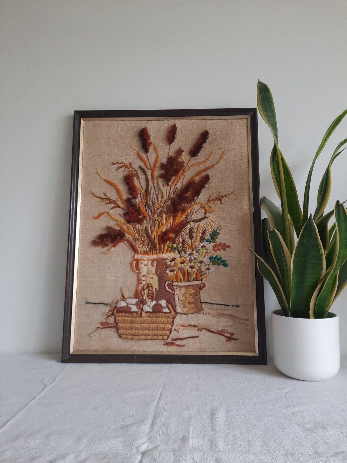 Large Vintage Framed Crewel Embroidery Floral Picture Bouquet Retro Stump Work