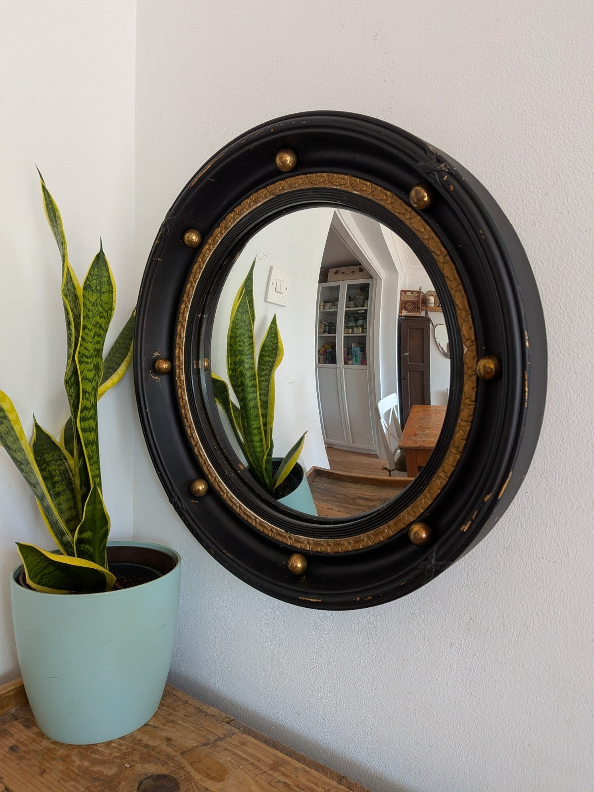 Black Antique Convex Mirror Butlers Porthole English Round Nautical Gold Gilt 