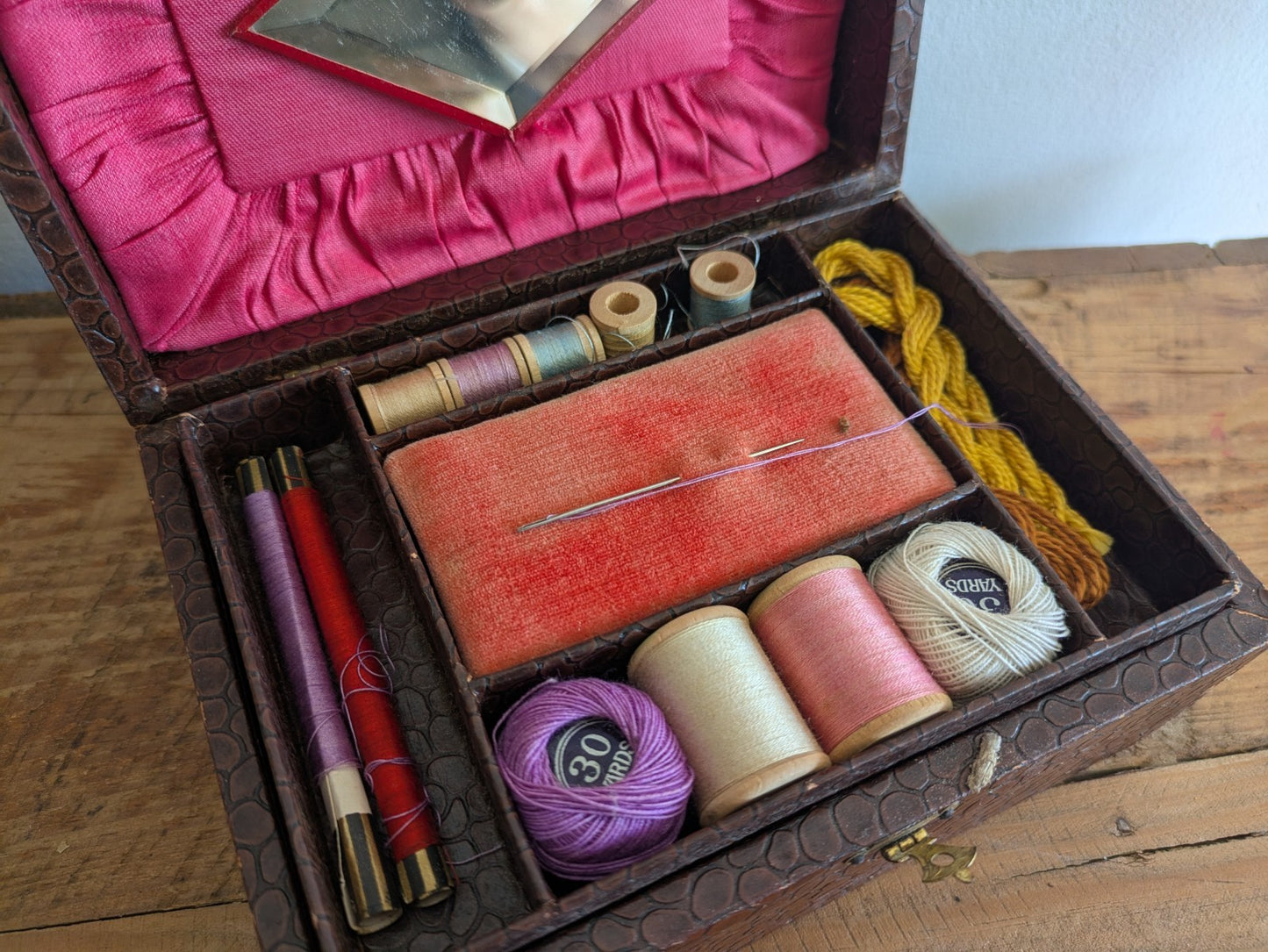 Antique Faux Crocodile Brown Leather Child’s Sewing Box with Contents Workbox 