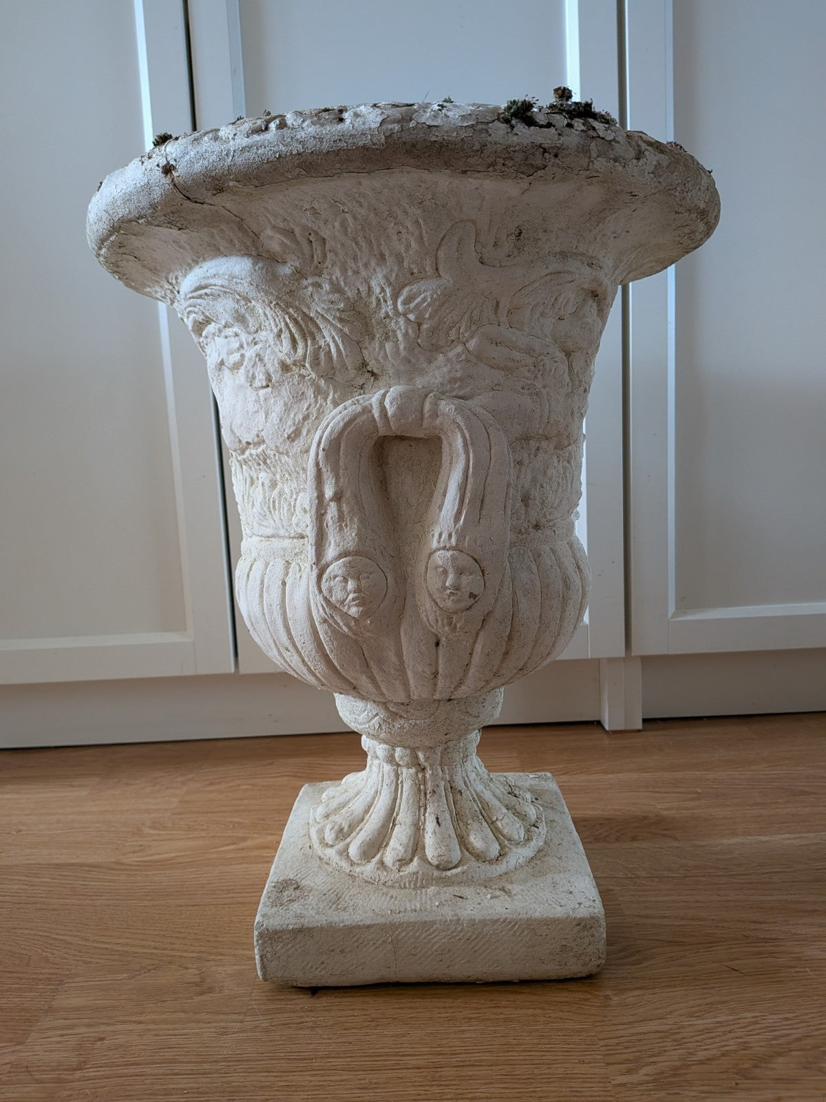 Pair Reclaimed Classical Medici Garden Urn Planter Cast Stone Handles Weathered