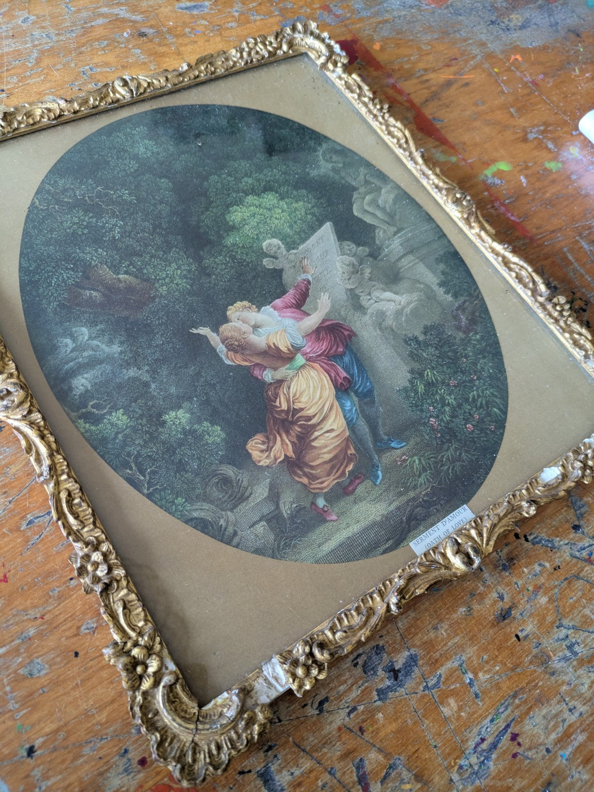 Antique 19th Cent Colored Engraving Le Serment d'Amour  The Lover's Oath Framed 