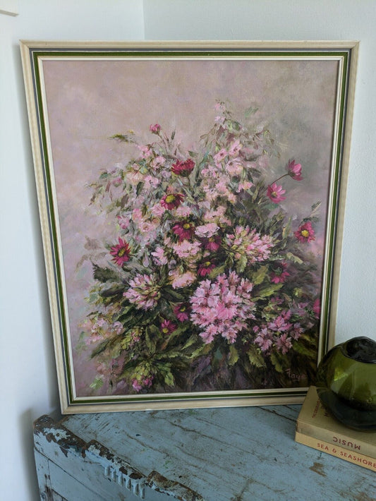 Original Painting Floral Bouquet Picture frame VTG Signed Shabby Chic Still Life