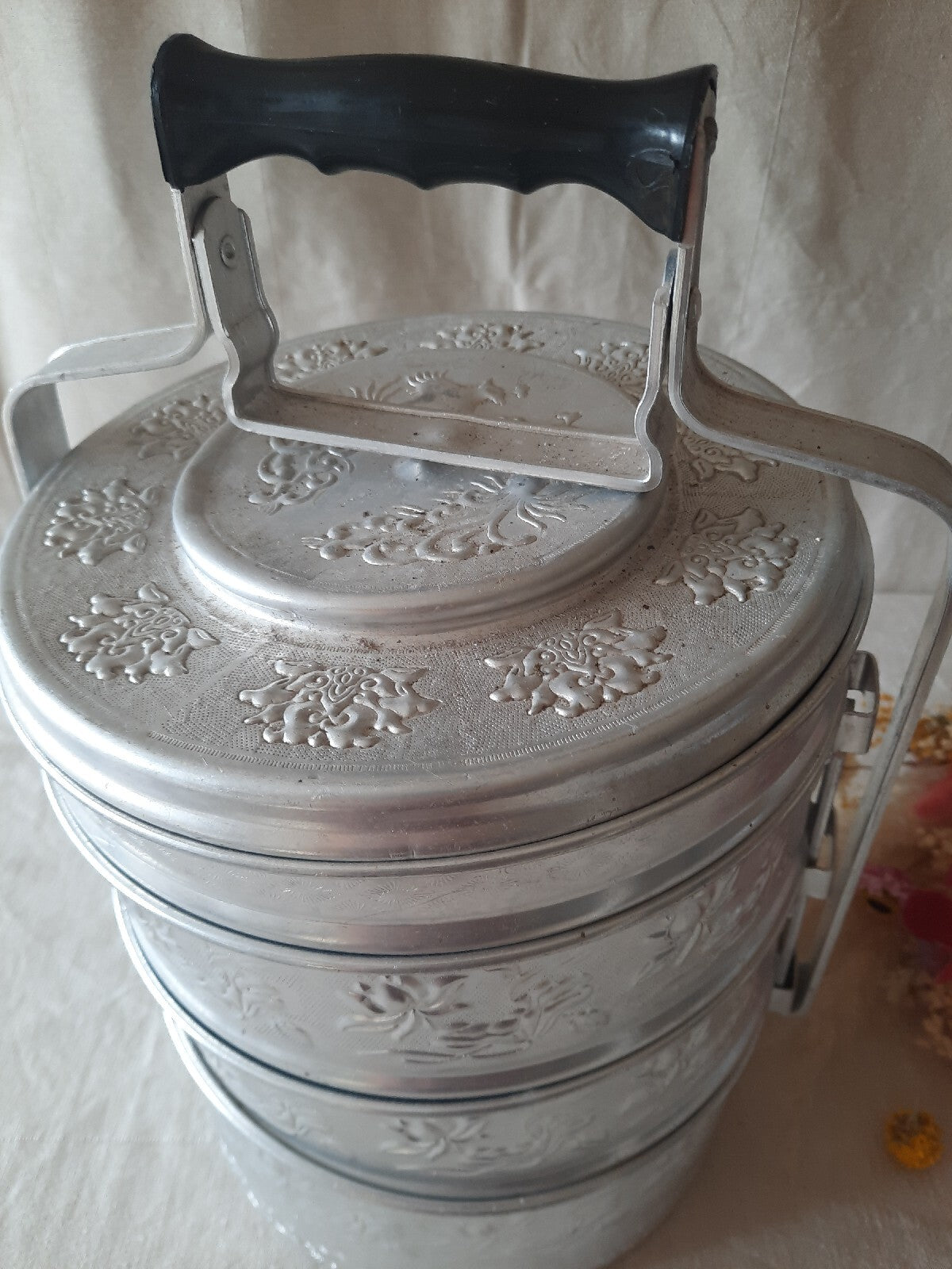 Vintage Stacking Chin Fong Rice Cooking 4 Pot Kitchen Chef Food Chinese Carrier