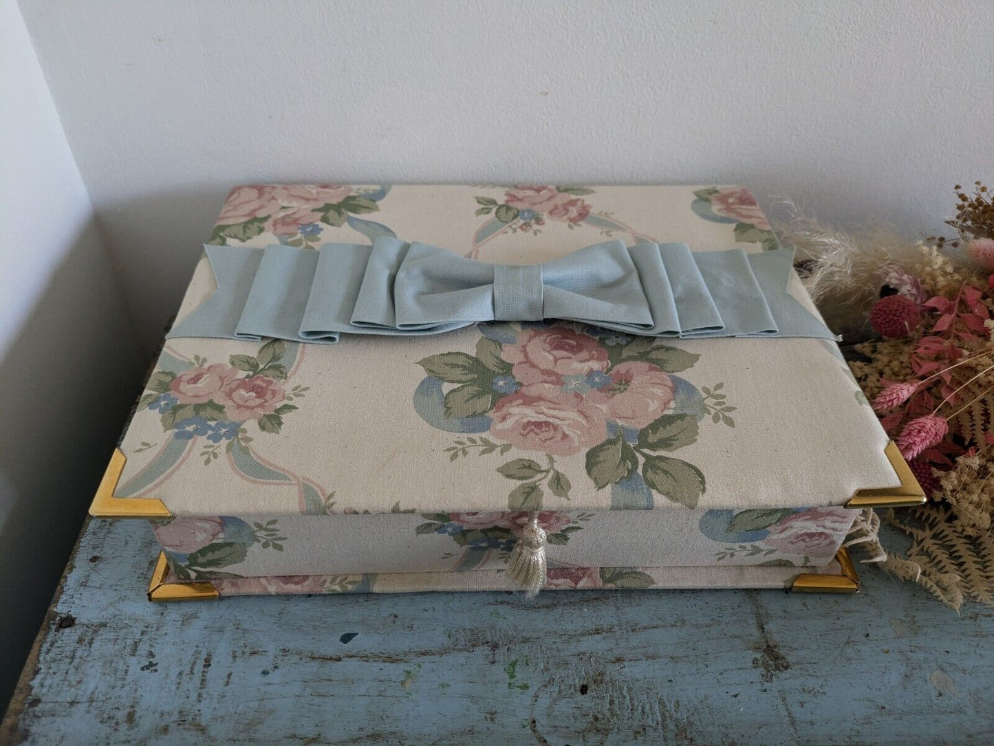 vintage floral Ribbon jewellery box Rose flowers organizer fabric cover Sewing