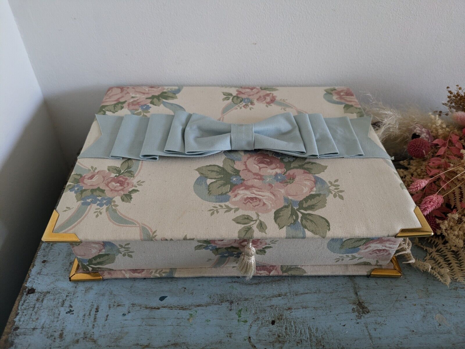 vintage floral Ribbon jewellery box Rose flowers organizer fabric cover Sewing