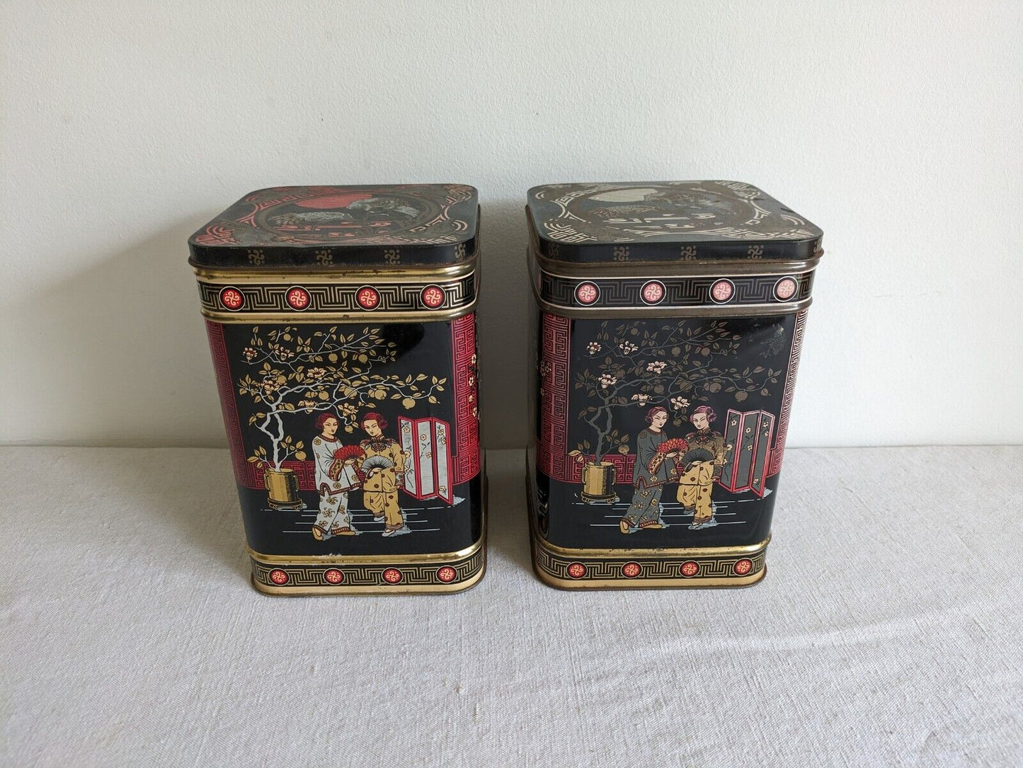 2x Original Vintage Japanese Black TEA Two Pound Tin Metal Made In England Large