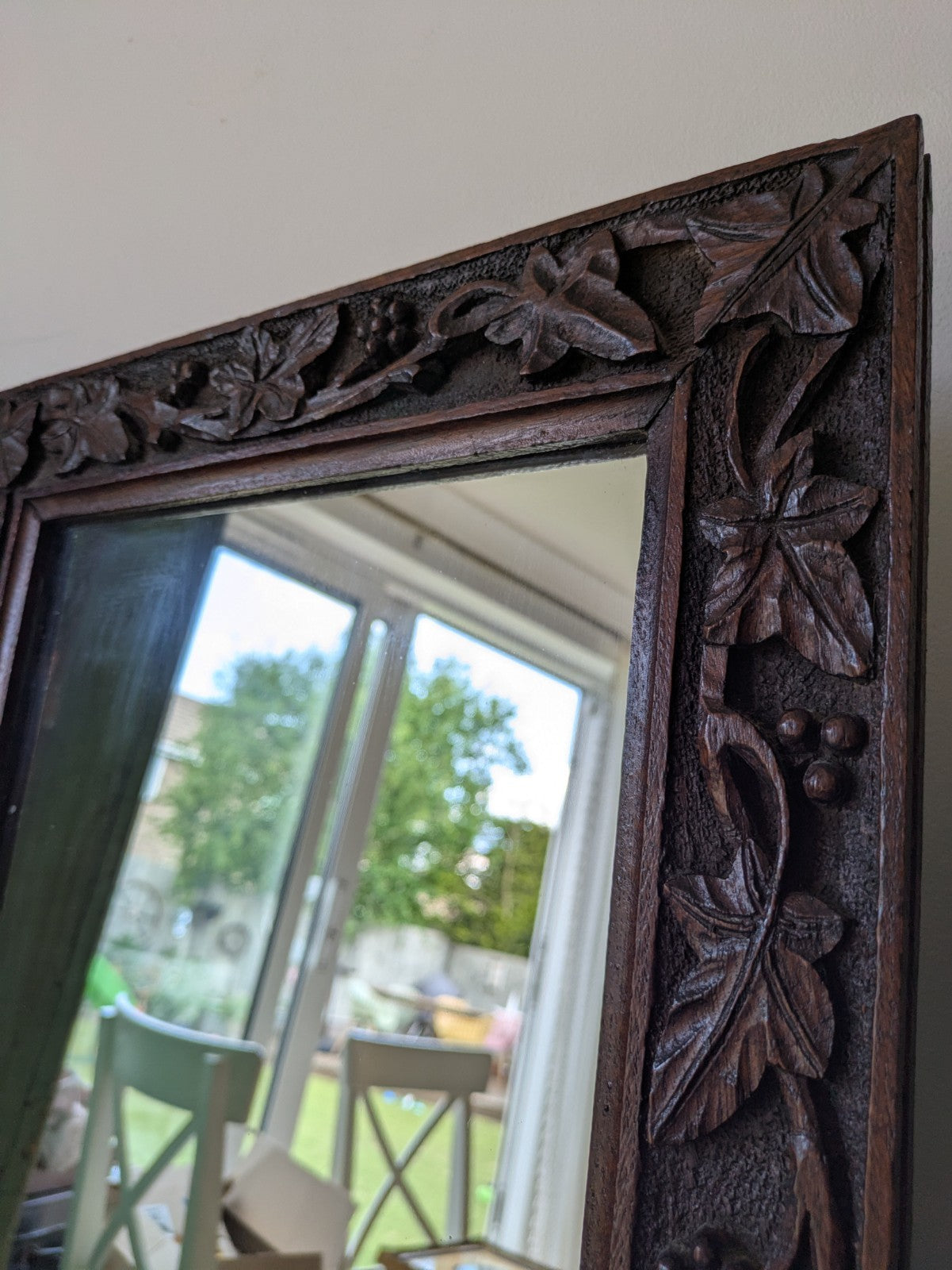 C1890 Victorian Rectangular Mirror Antique Oak Hand Carved Frame Berries Leaves