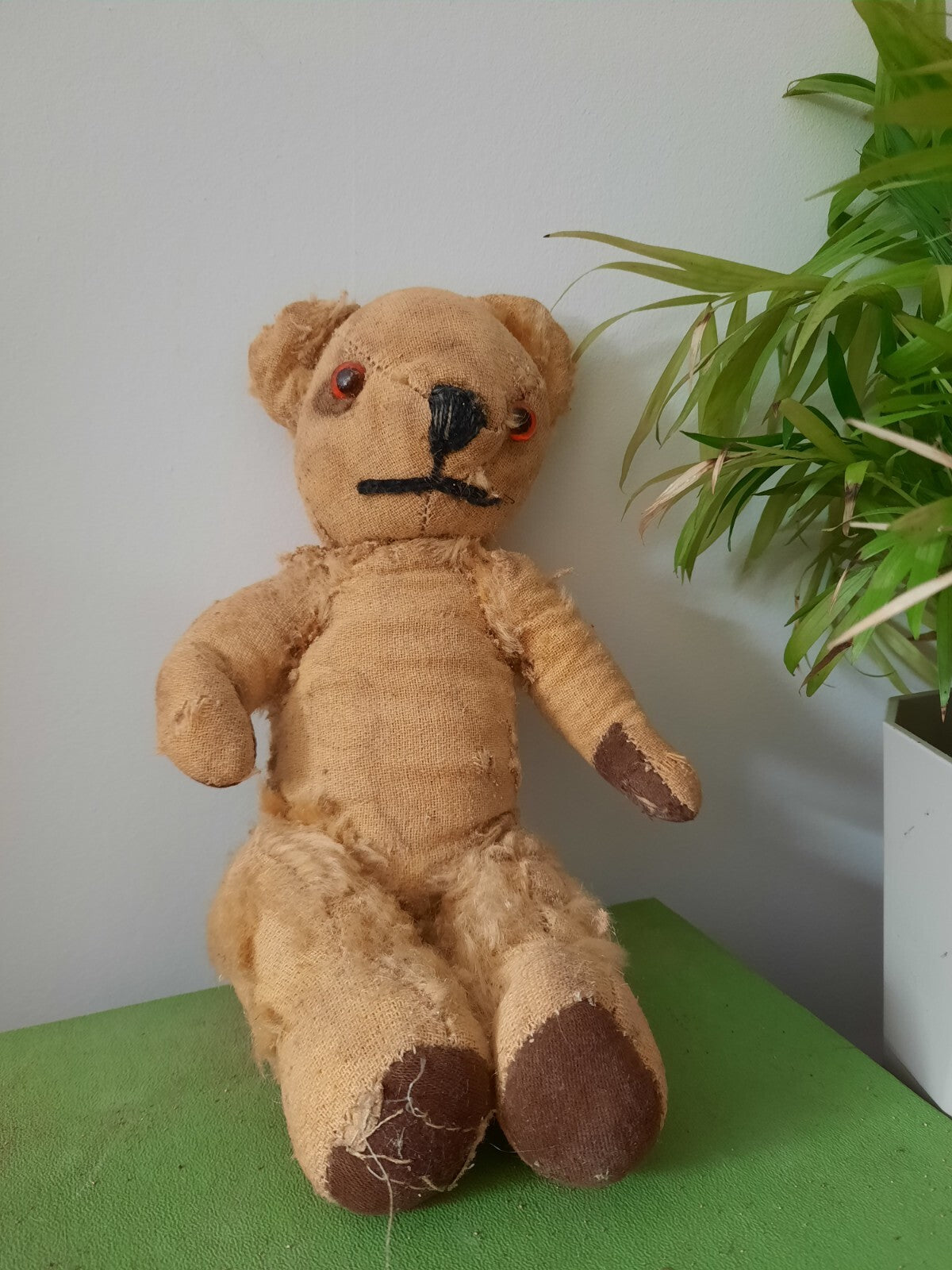 Antique Small Jointed Old Mohair Teddy Bear straw stuffed vintage RARE worn toy!