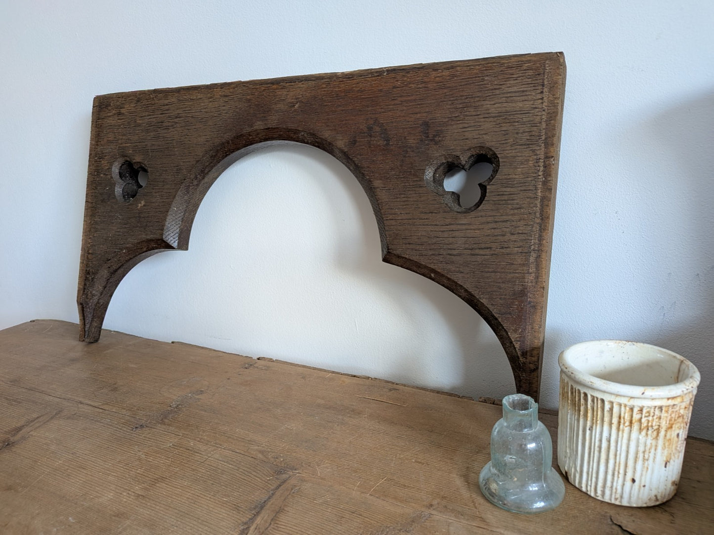Antique Gothic Revival Panel Solid Oak Wood Salvage Piece Clover Arch Decor Vgc