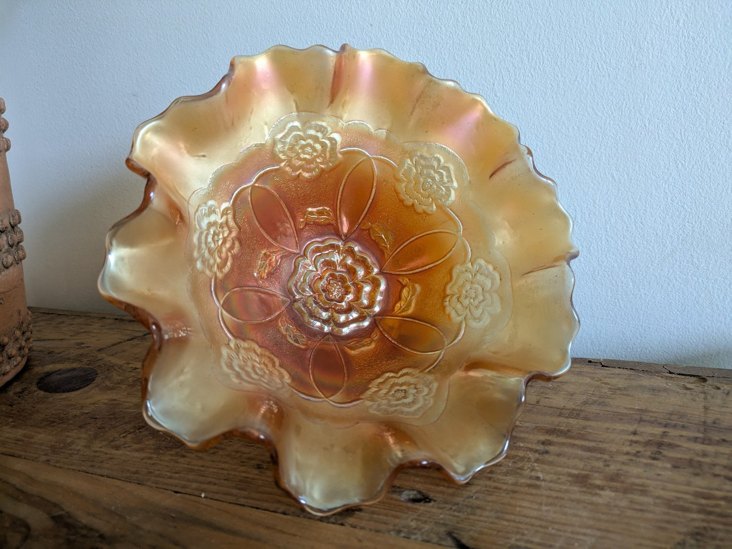 Carnival Glass Bowl Dugan Double Stem Rose Marigold/Peach Opal Iridescent C1917