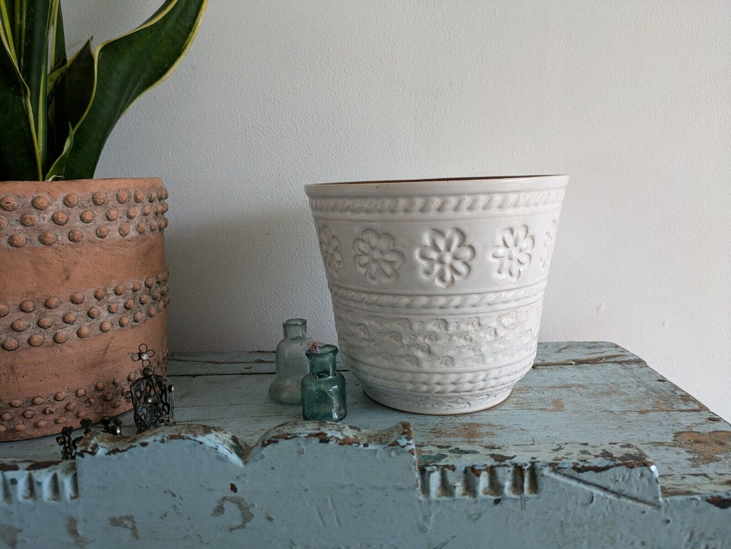 XL Mid Century West German Plant Pot Bay Keramik White Brown Floral Pattern Vtg