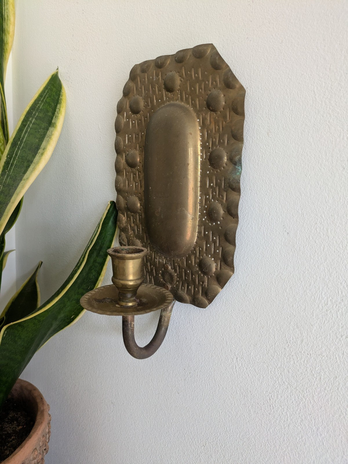 Superb Single Vintage Swedish Repoussé Brass Candle Wall Sconce Holder Hammered