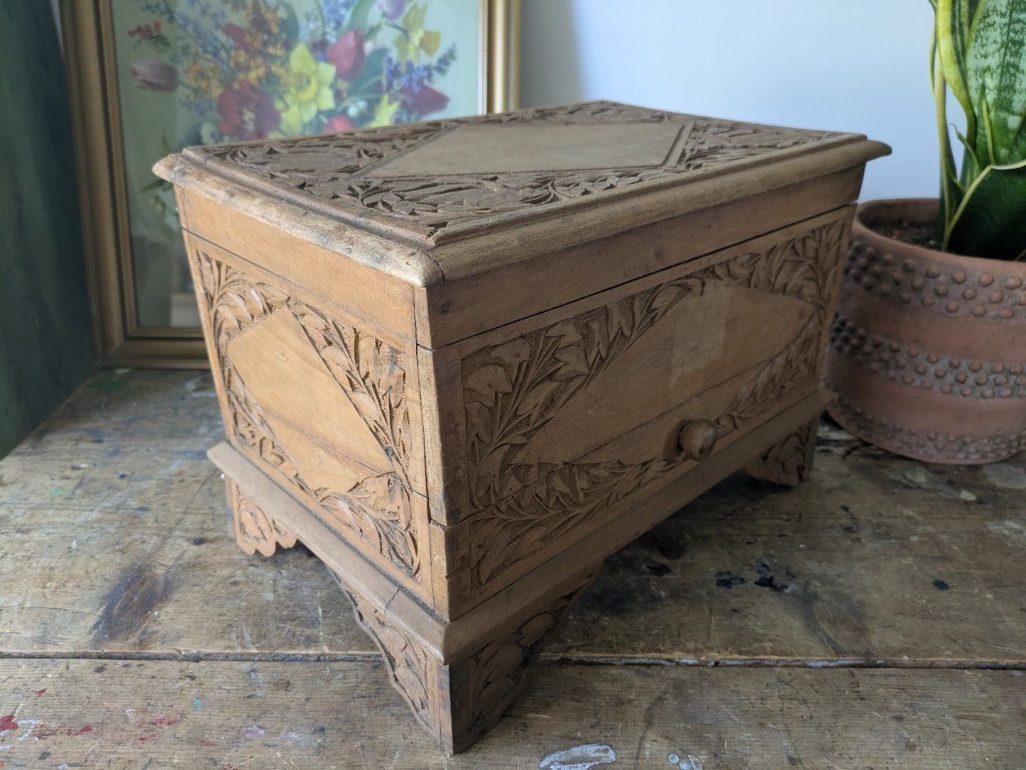 Vintage Hand Carved Indian Wooden Storage Cabinet Chest Trunk Mango Wood Box Sml