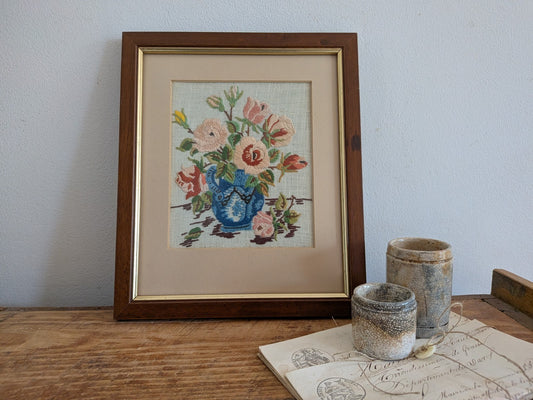 Vintage Pink Rose Bouquet Needlepoint Embroidery Floral Art Handmade Framed Vase
