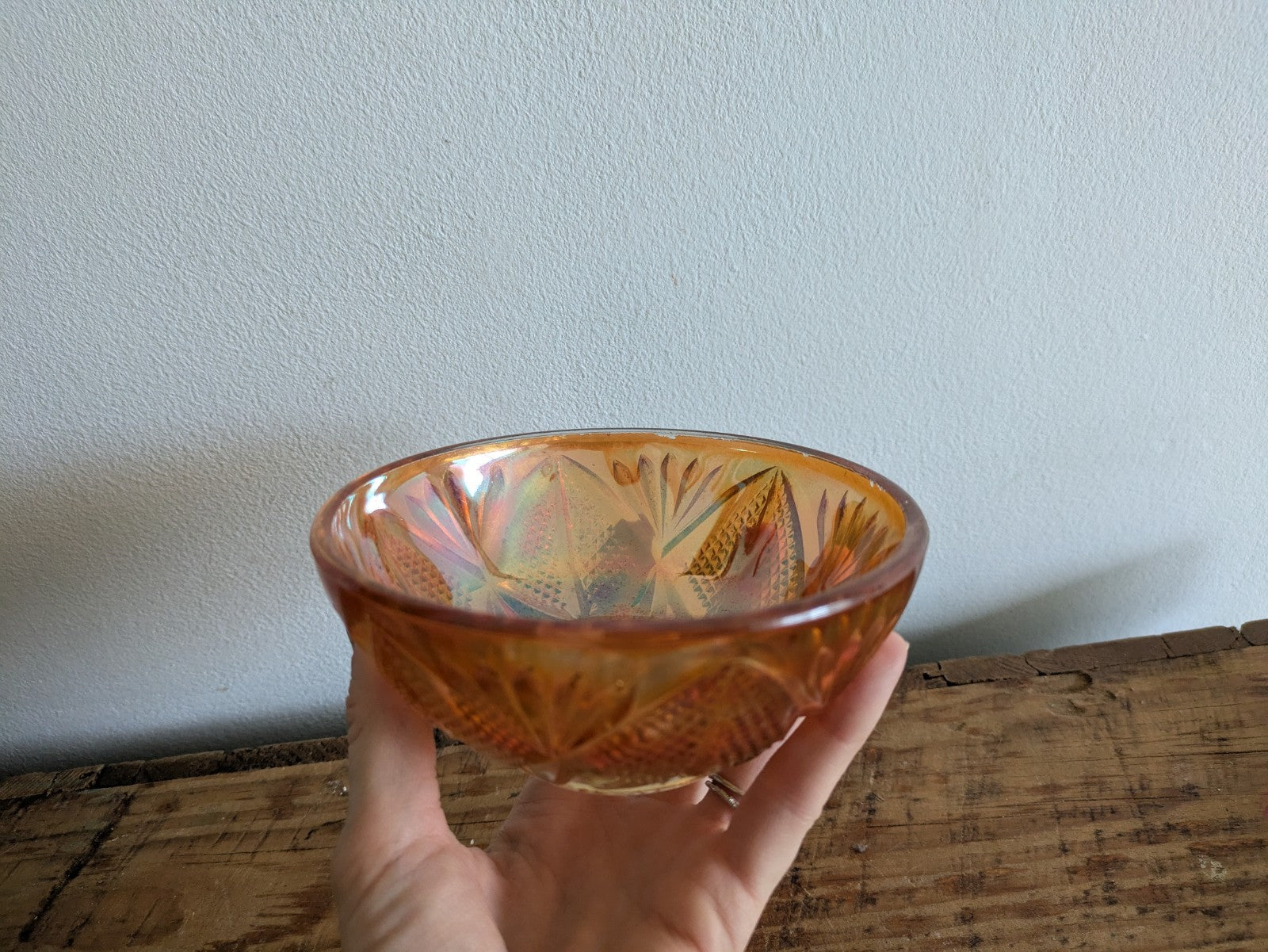 Small Fenton Marigold Carnival Glass Bowl Diamond And Fans Vintage Iridescent 