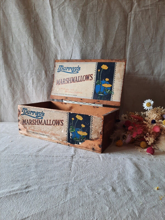 Antique 1920s 1930s Wooden Box Advertising Pine MURRAYS MARSHMALLOWS sweet Shop