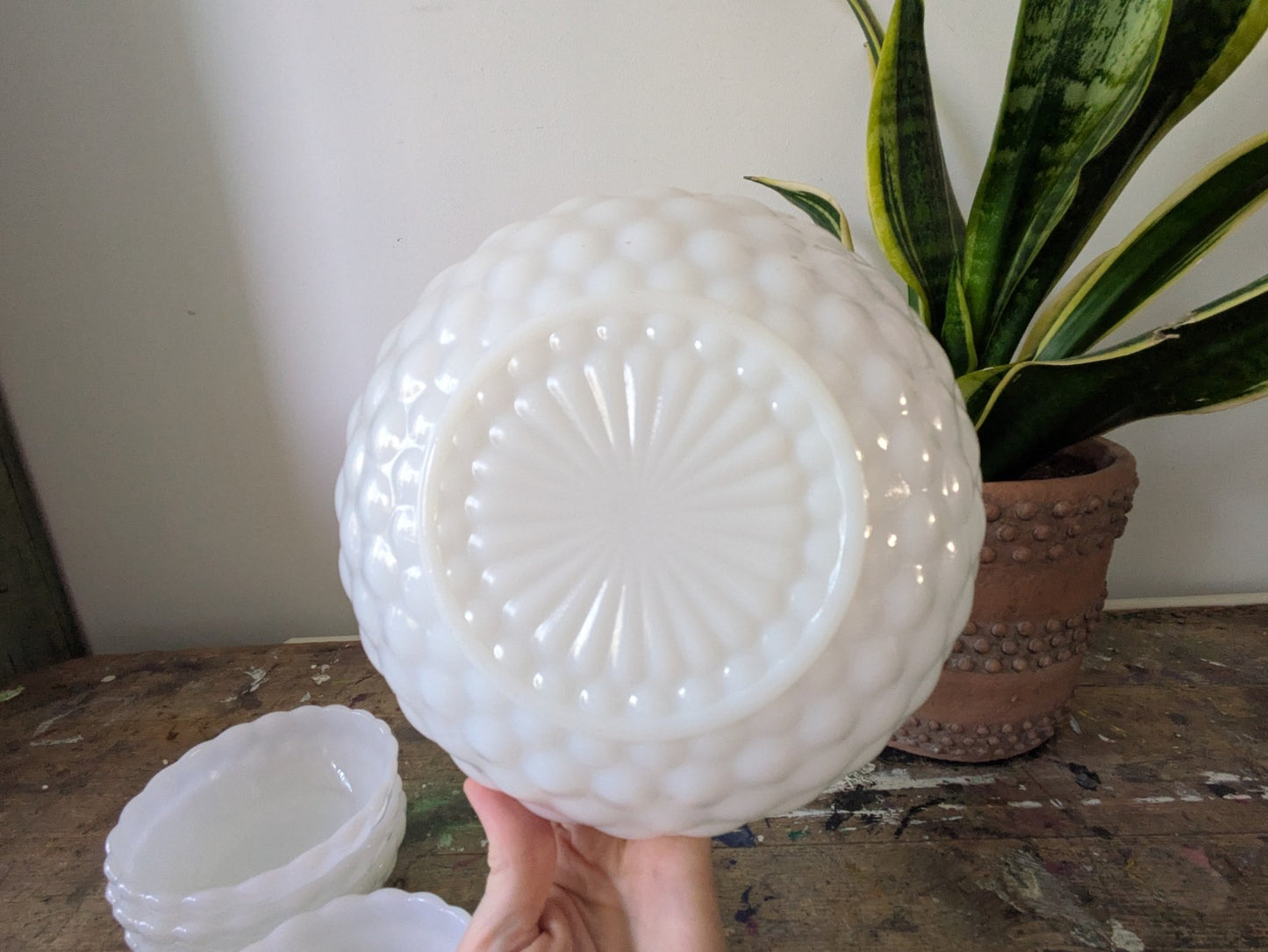 Set 6 MILK GLASS Anchor Hocking LG Bubble Serving Bowls Set Large Vintage White