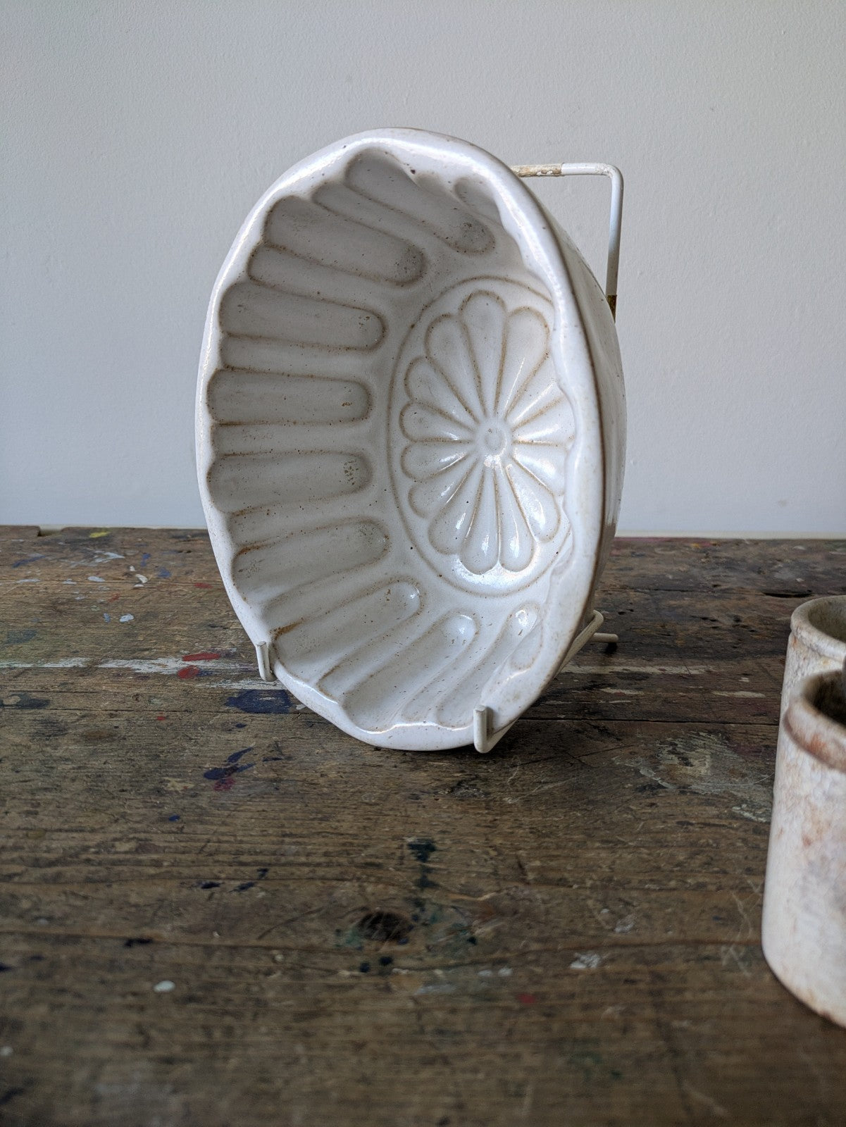 Antique Pottery Glazed Jelly Mould Oval Design White Vgc Kitchen Prop Decor Mold