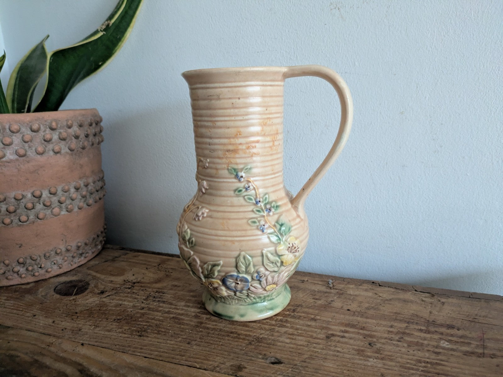 Vintage Beige  Melba Ware Ceramic Jug / Pitcher Pretty Flowers Vase Spring Time