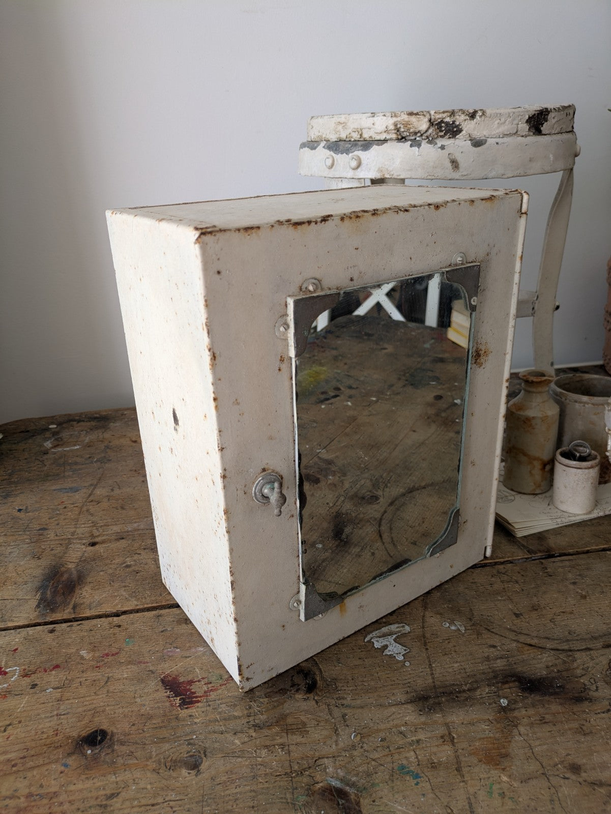 Vintage 1920s 30s Bathroom Metal Medical Wall Cabinet with Mirror Retro White 