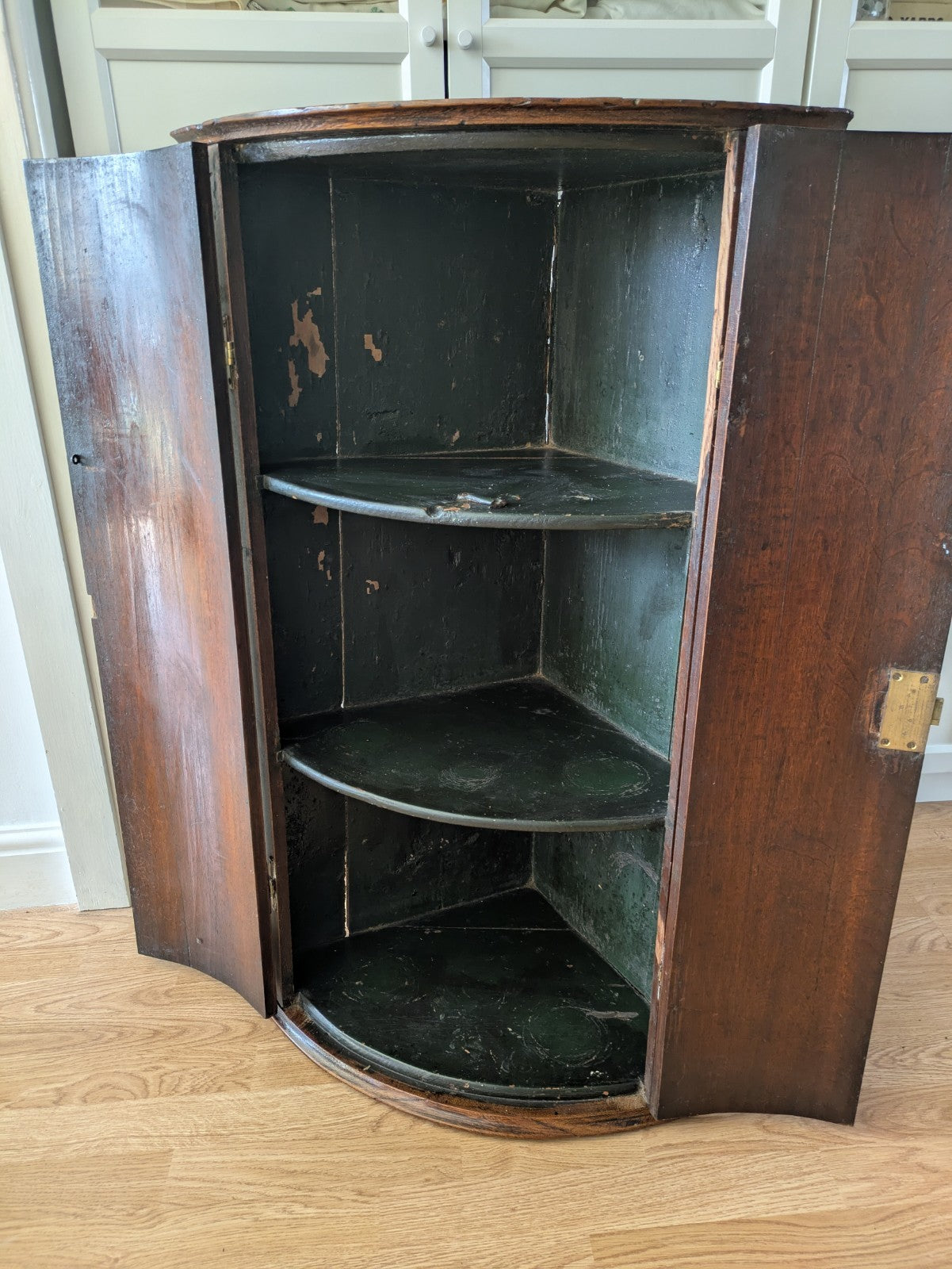 Antique Georgian Bow Fronted Wall Hanging Corner Cabinet Cupboard Shelves Wooden