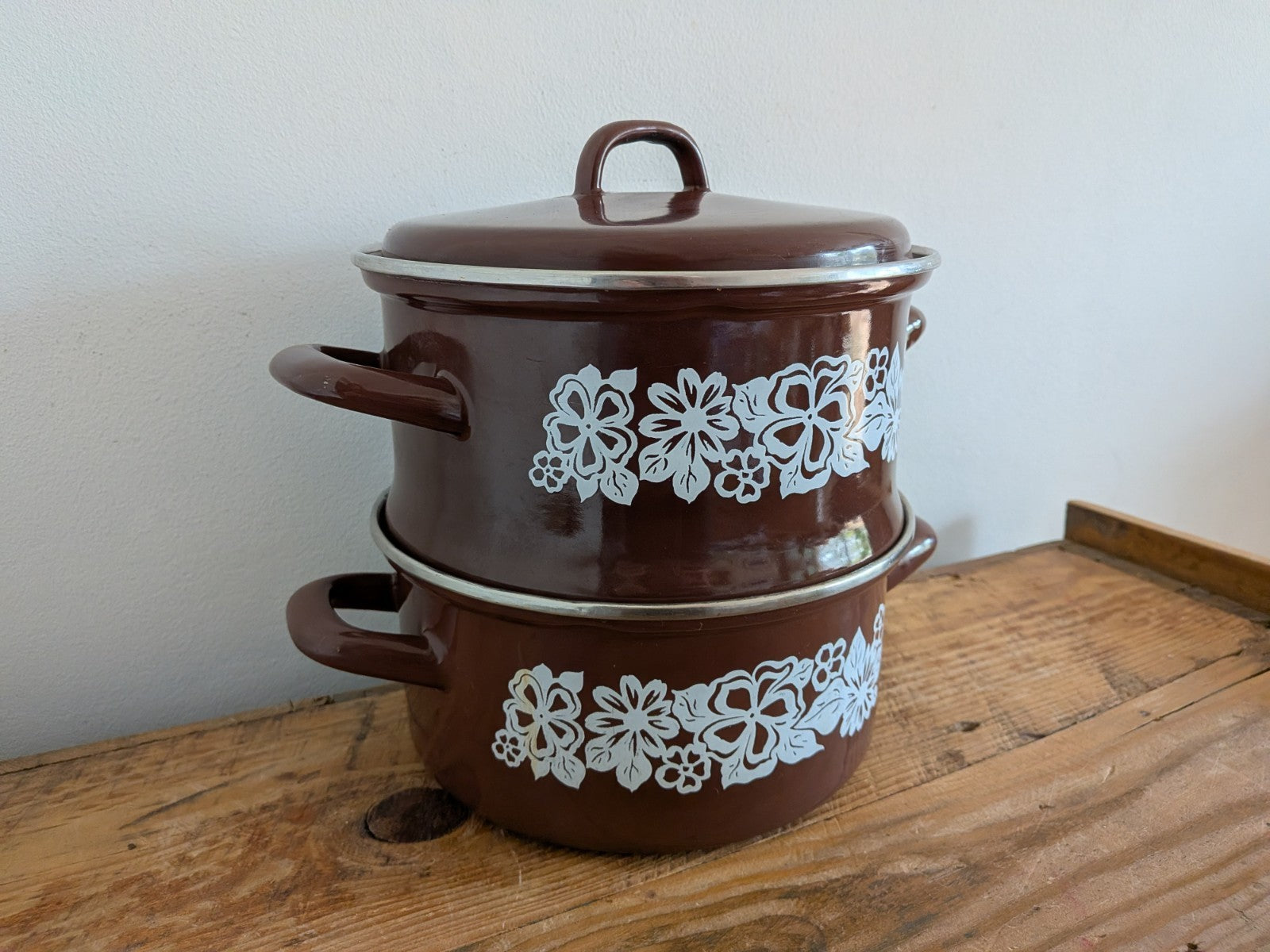 1970's Retro/Vintage Brown Enamel 2 Tier Steamer Stack Cooking Pan/Pot Set Pasta