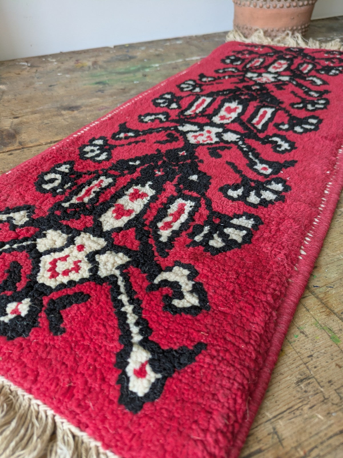 Vintage Fireside Small Rug Runner Geometric Ethnic Red Woven Vgc Tassels Bedside