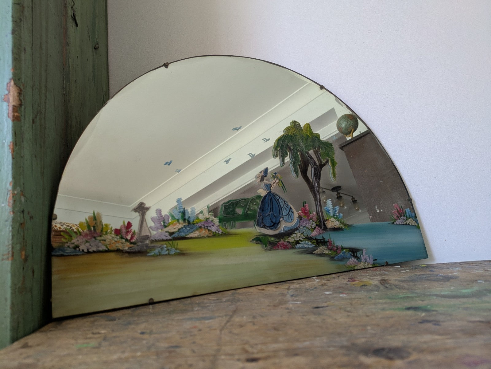 Vintage Art Deco Hand Painted Bevelled Wall Mirror Crinoline Lady Spring Garden