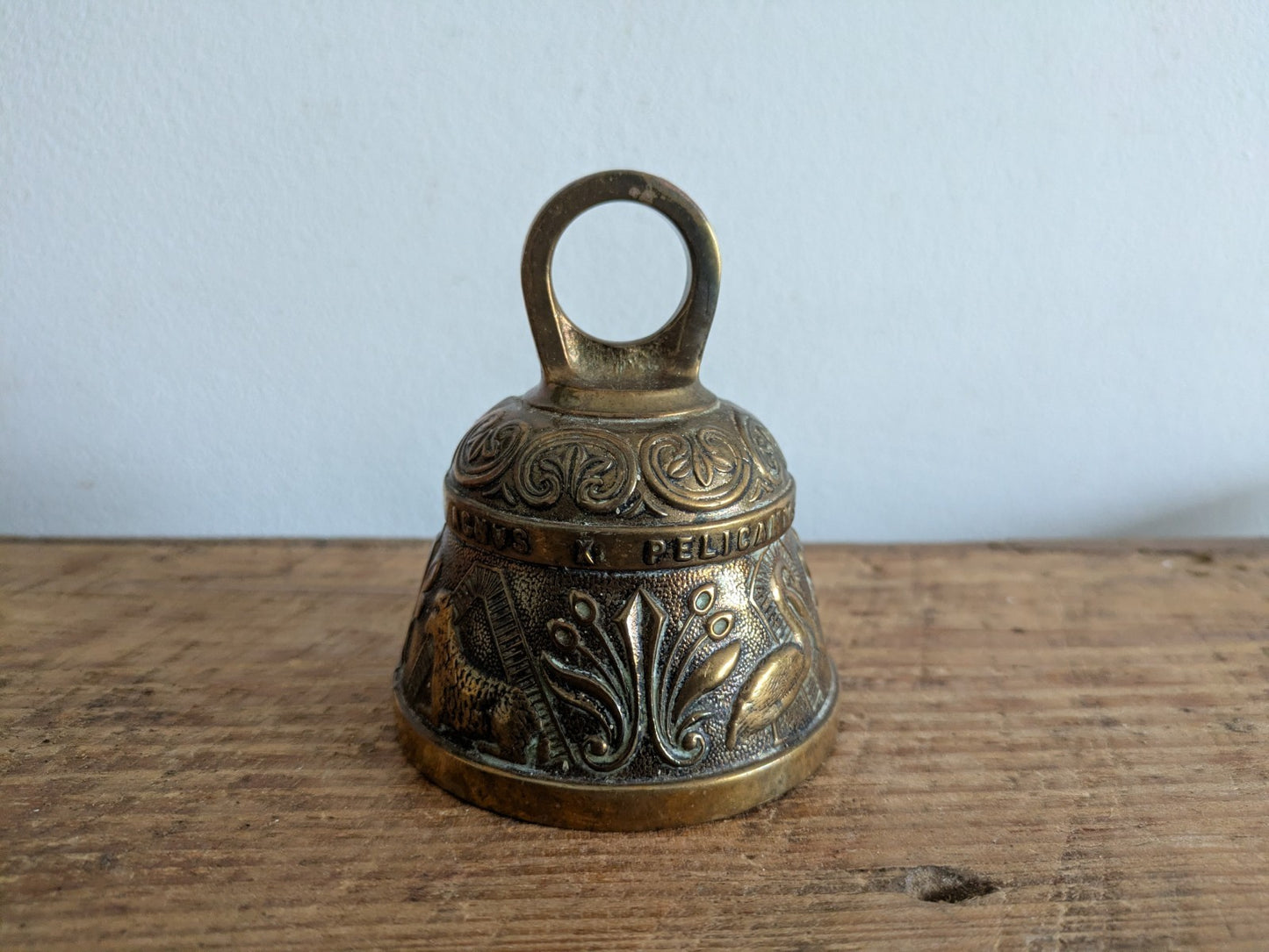 Sanctuary Bell 'Acnvs Pelicanvs Leo & Aovila' England Vintage Brass With Clapper