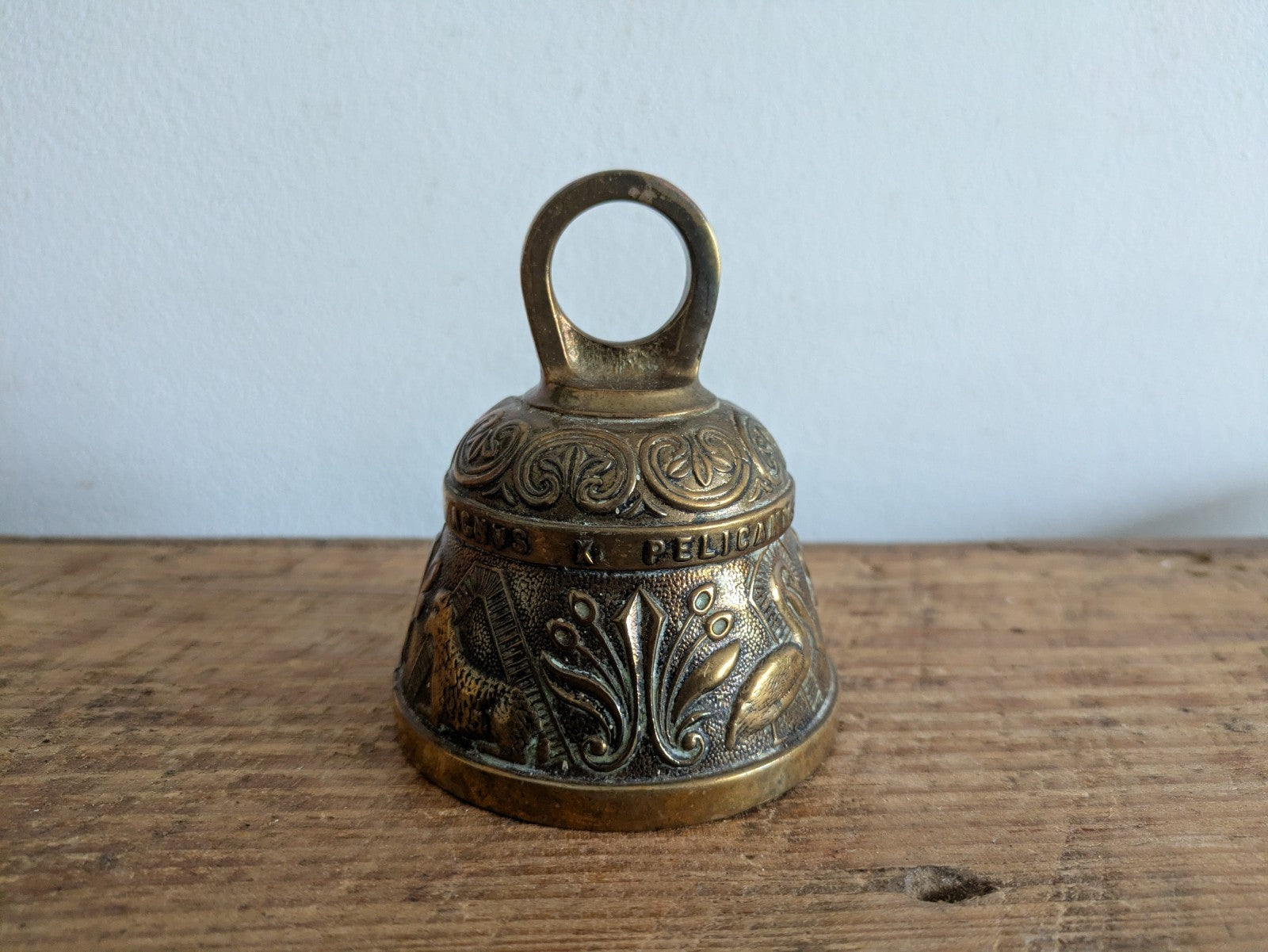 Sanctuary Bell 'Acnvs Pelicanvs Leo & Aovila' England Vintage Brass With Clapper