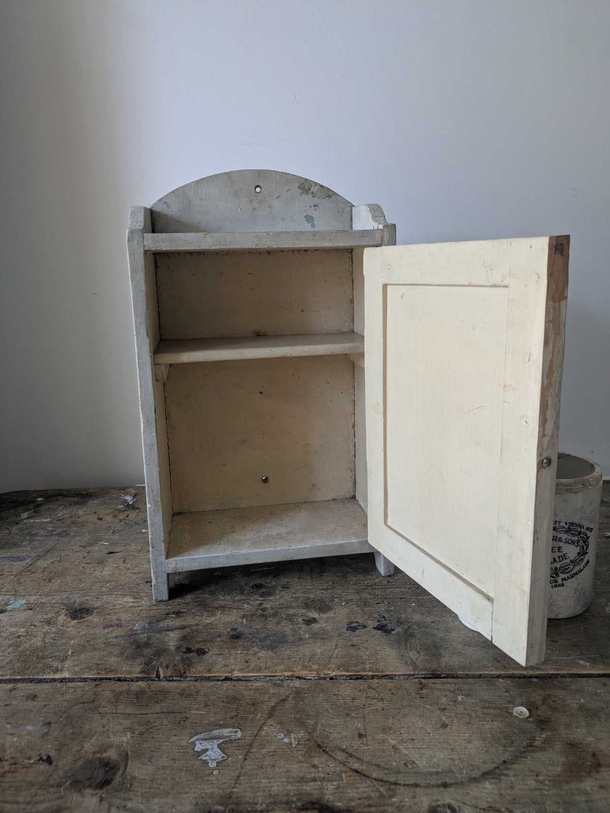 Vintage Mid-century Bathroom Chippy Wooden medical wall cabinet Retro White Prop