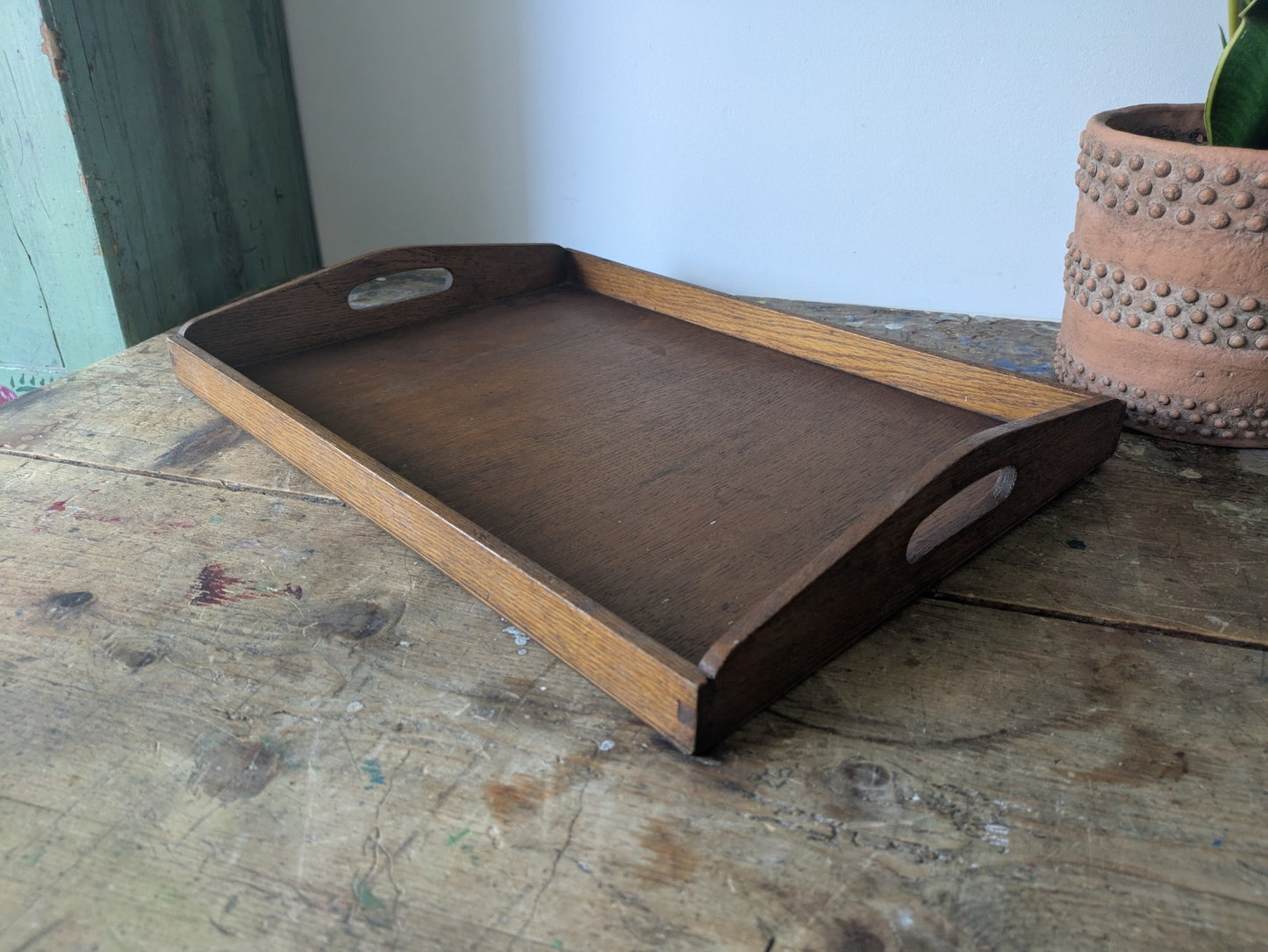 Vintage Antique Oak Wood Butlers Serving Tray with Handles Inset Prop Tea Dinner