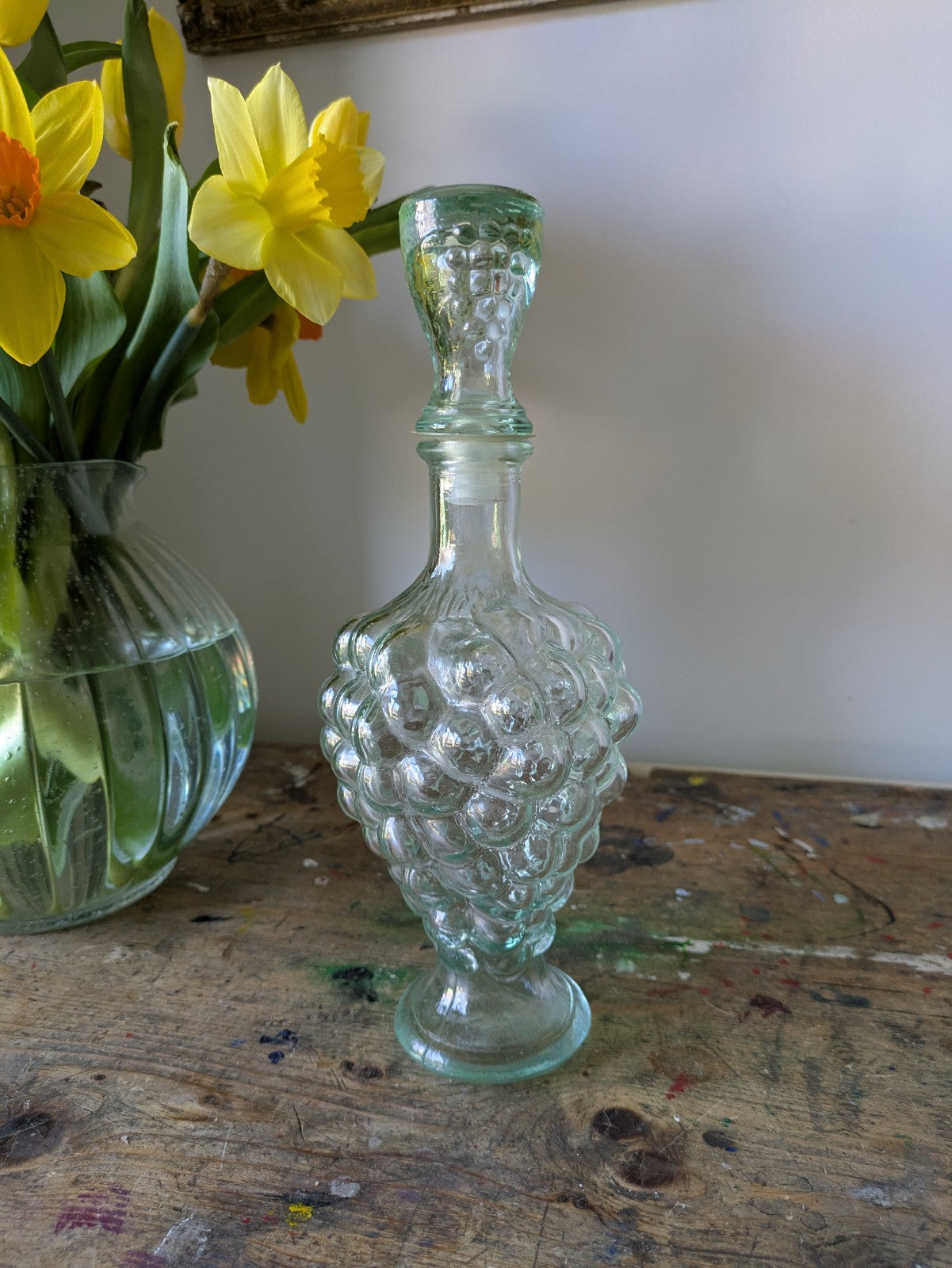 Vintage Italy Grape Cluster Bubble Glass Bottle Decanter Wine Genie Etruscan Vgc