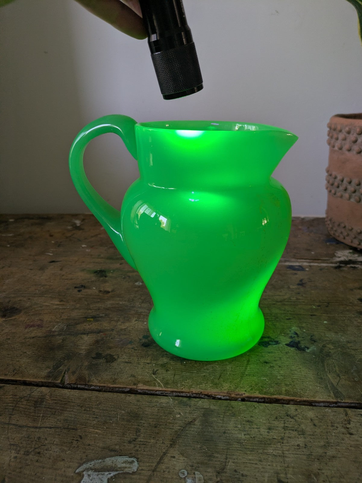 Antique Green Uranium Glass Water Jug Pitcher Jade Jadeite Art Deco Opaque Large