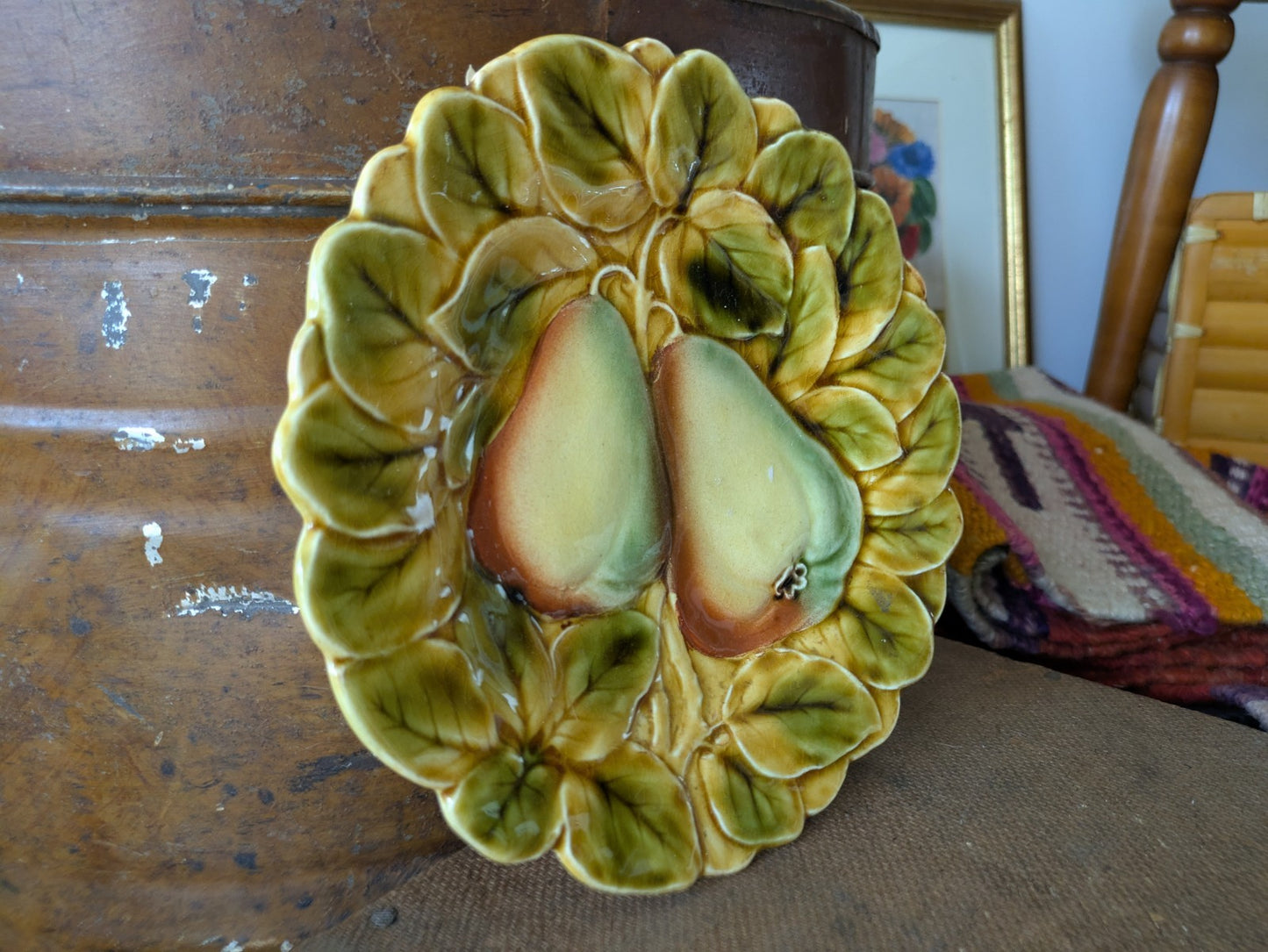 ANTIQUE FRENCH SARREGUEMINES FLORAL GLAZED POTTERY CERAMIC PLATE PEARS VINTAGE 