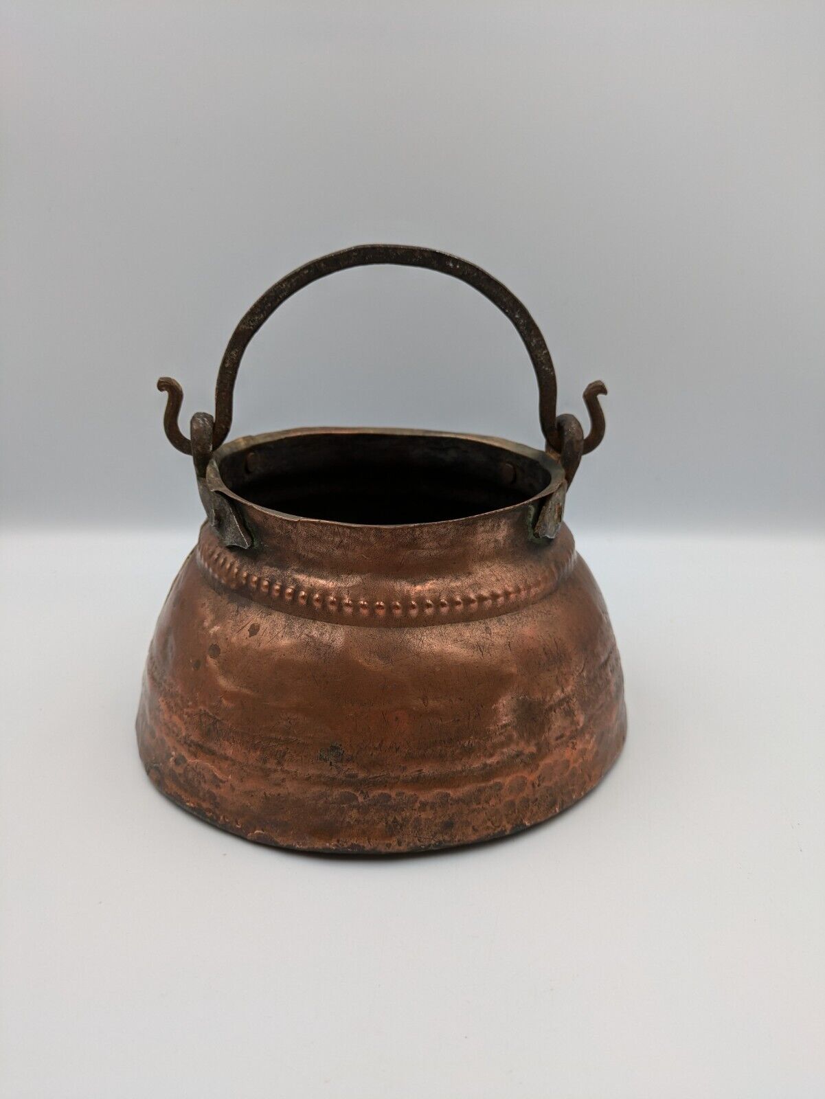 Antique Copper Kettle Cauldron Planter Pot French Iron Handle Handmade hammered