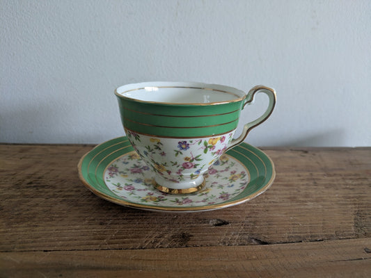 Royal Stafford Harlequin Chintz Florals Gold Detail Green Tea Cup Saucer England