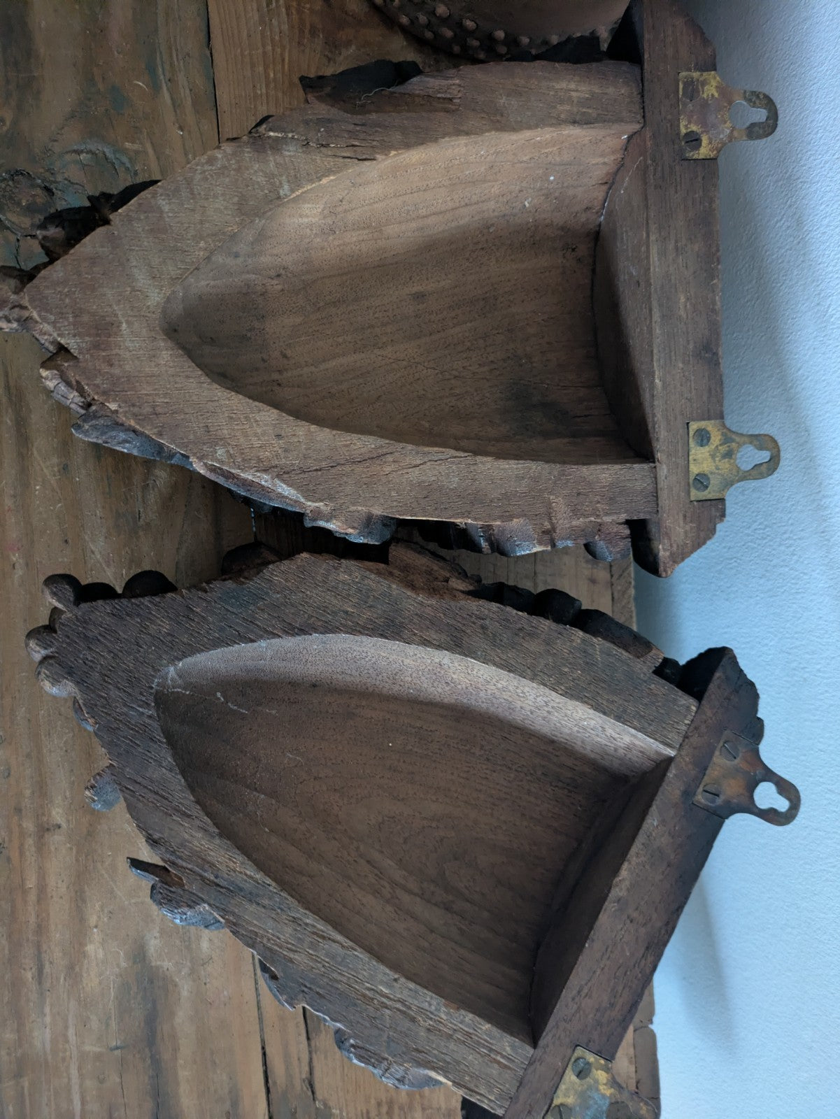 Antique Pair Carved Wall Hanging Shelf Sconce Decor C1880 Demi Lune Rare Vtg 
