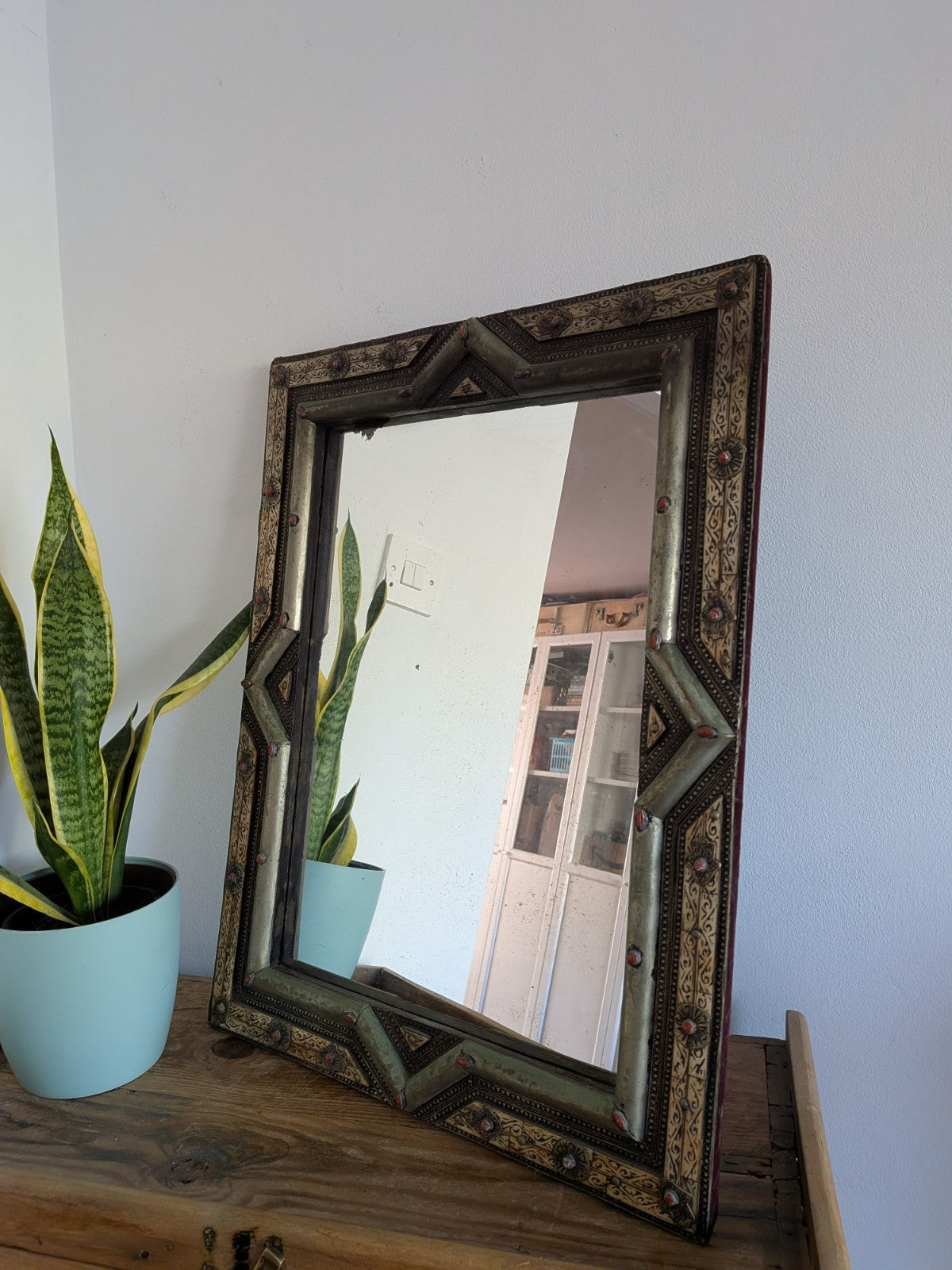 Vintage Ancient Handmade Moroccan Wall Mirror Brass Bone Camel Inlaid Mosaic XL 