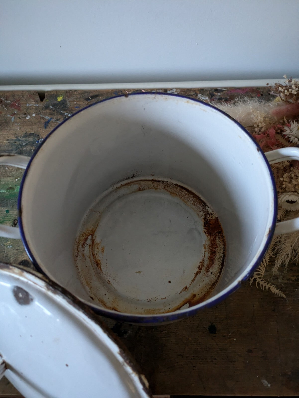 Antique Enamel French Flour Pot White Round Bread Container Lid Prop Vtg Retro