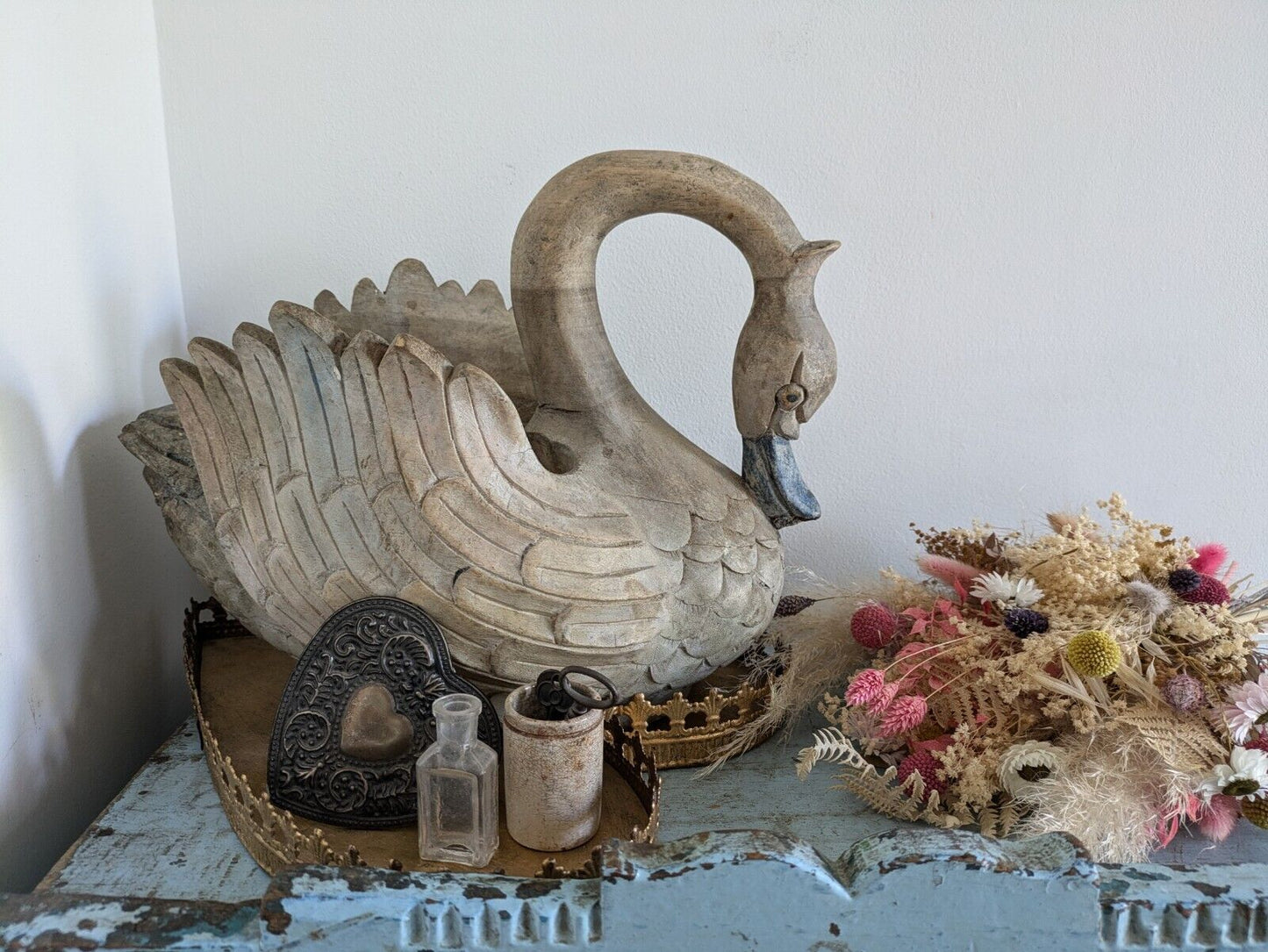 Carved Wood Swan Decoy Vintage Large Painted Solid Wood Planter Decor Time Worn