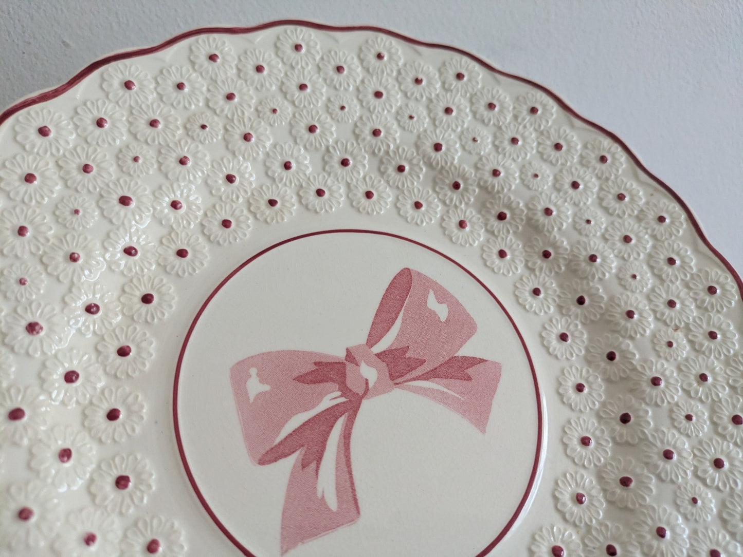 Vintage Copeland Spode Porcelain Pink Polka Dot Floral Dinner Plate Ribbon Bow 