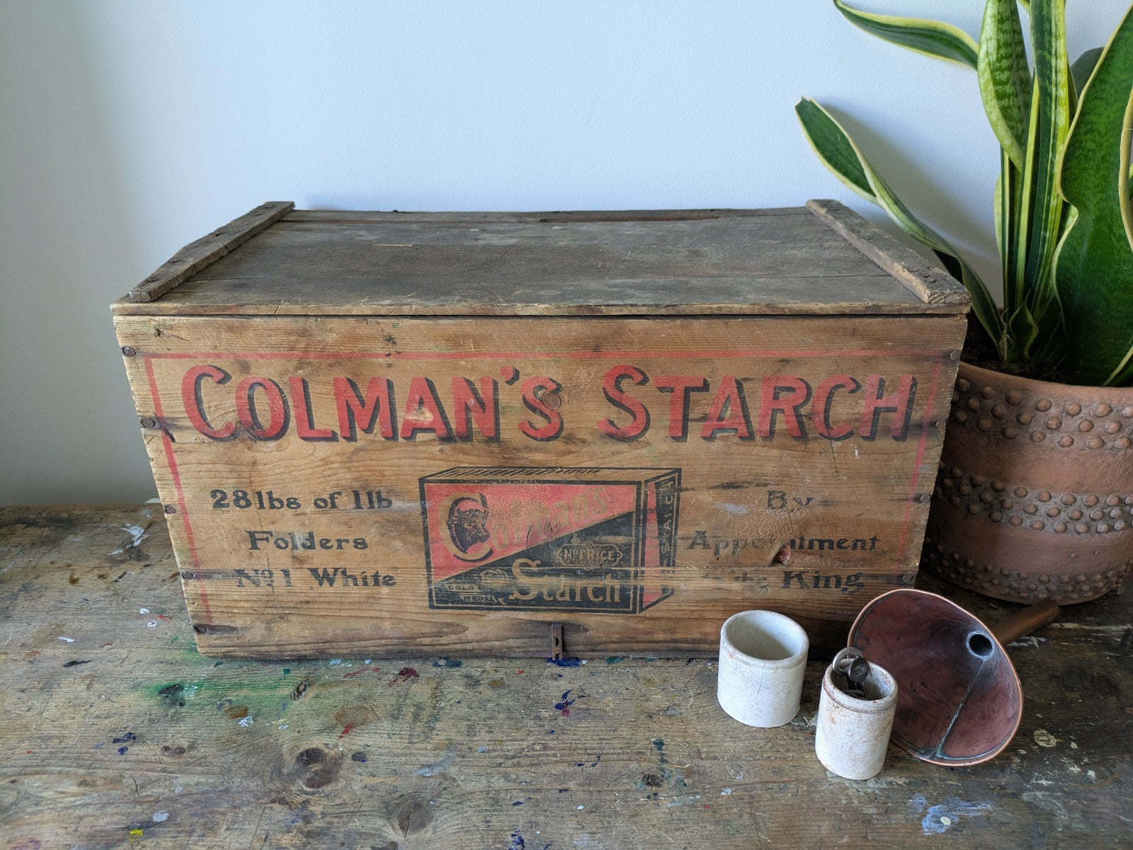 Antique Colmans Starch Printed Wooden Crate Original Large Vintage Advertising 