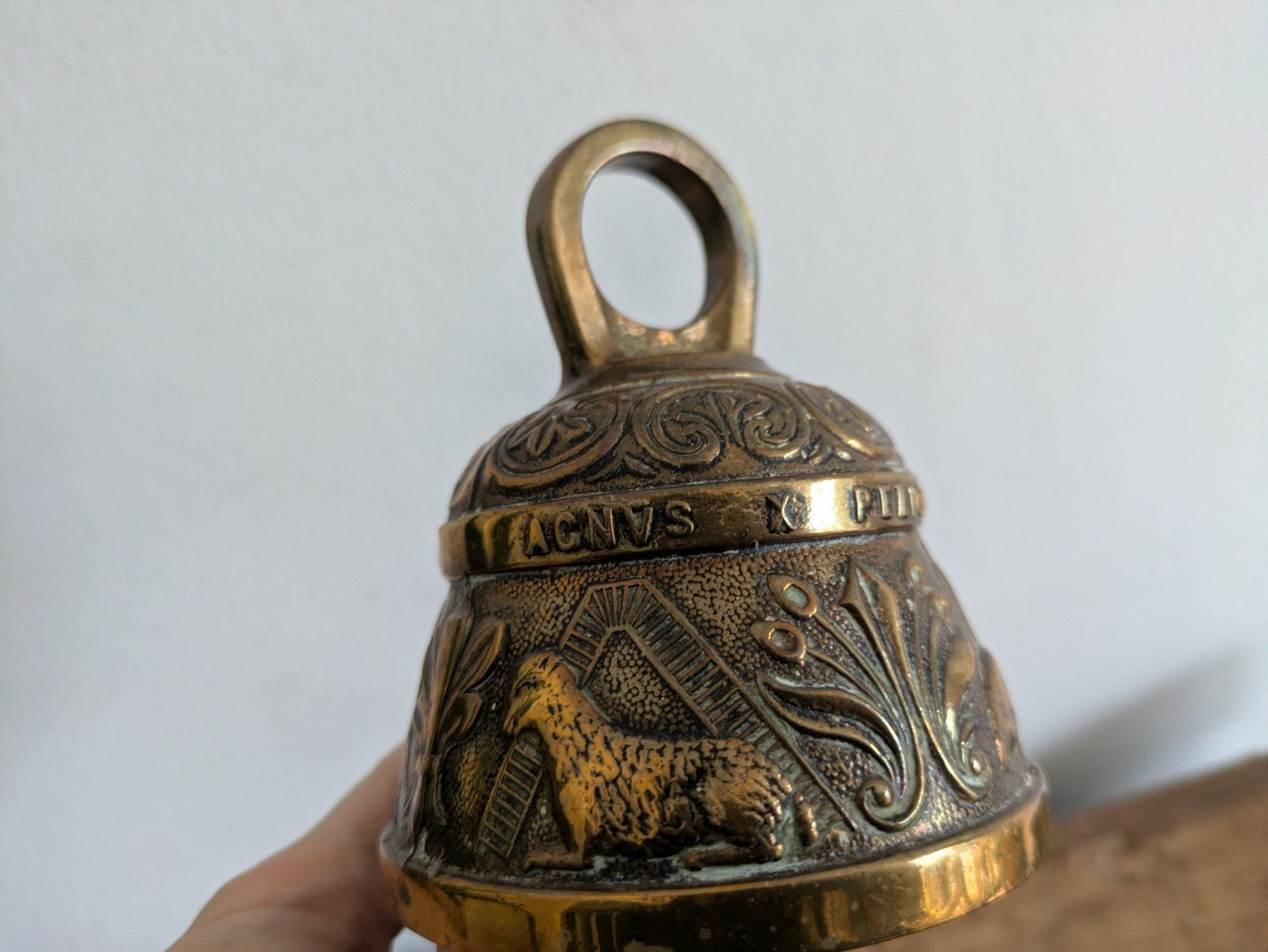 Sanctuary Bell 'Acnvs Pelicanvs Leo & Aovila' England Vintage Brass With Clapper