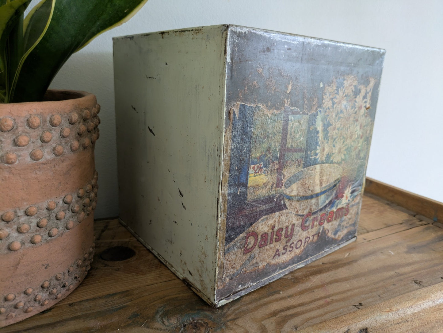 Old M&D Antique Biscuit Tin Box Metal Original Label Advertising Shop Display 