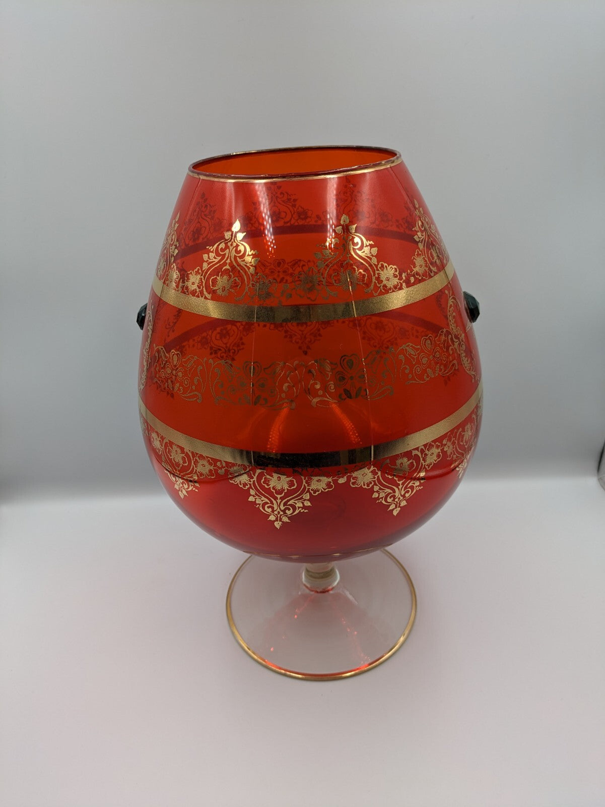 Vtg Cameo Venetian Ruby Gilt Gold Murano Glass Applied Gems Vase Snifter Brandy