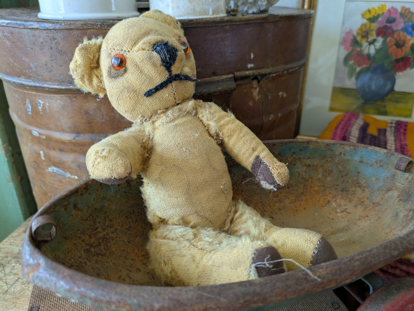 Antique Small Jointed Old Mohair Teddy Bear straw stuffed vintage RARE worn toy!
