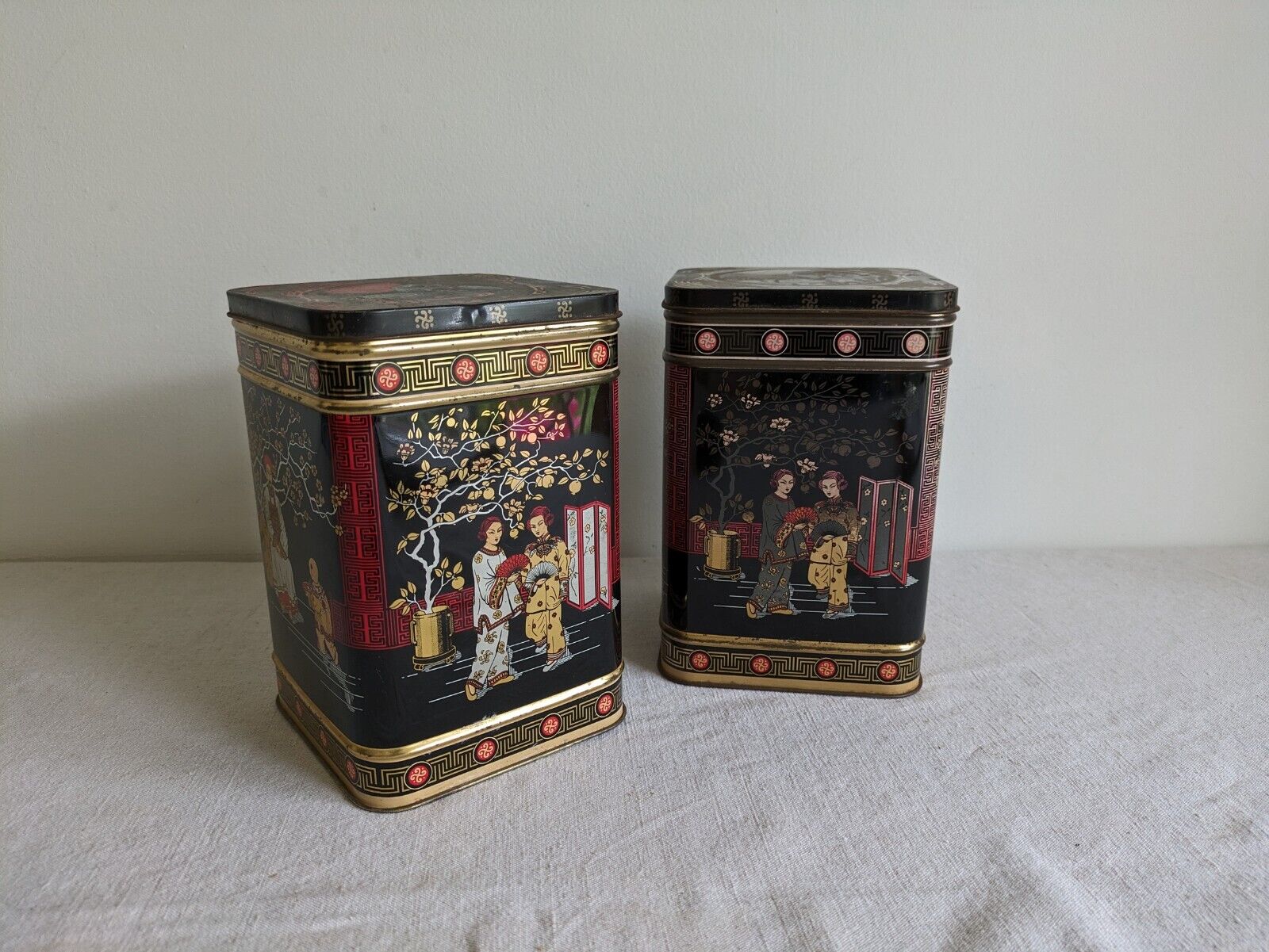 2x Original Vintage Japanese Black TEA Two Pound Tin Metal Made In England Large